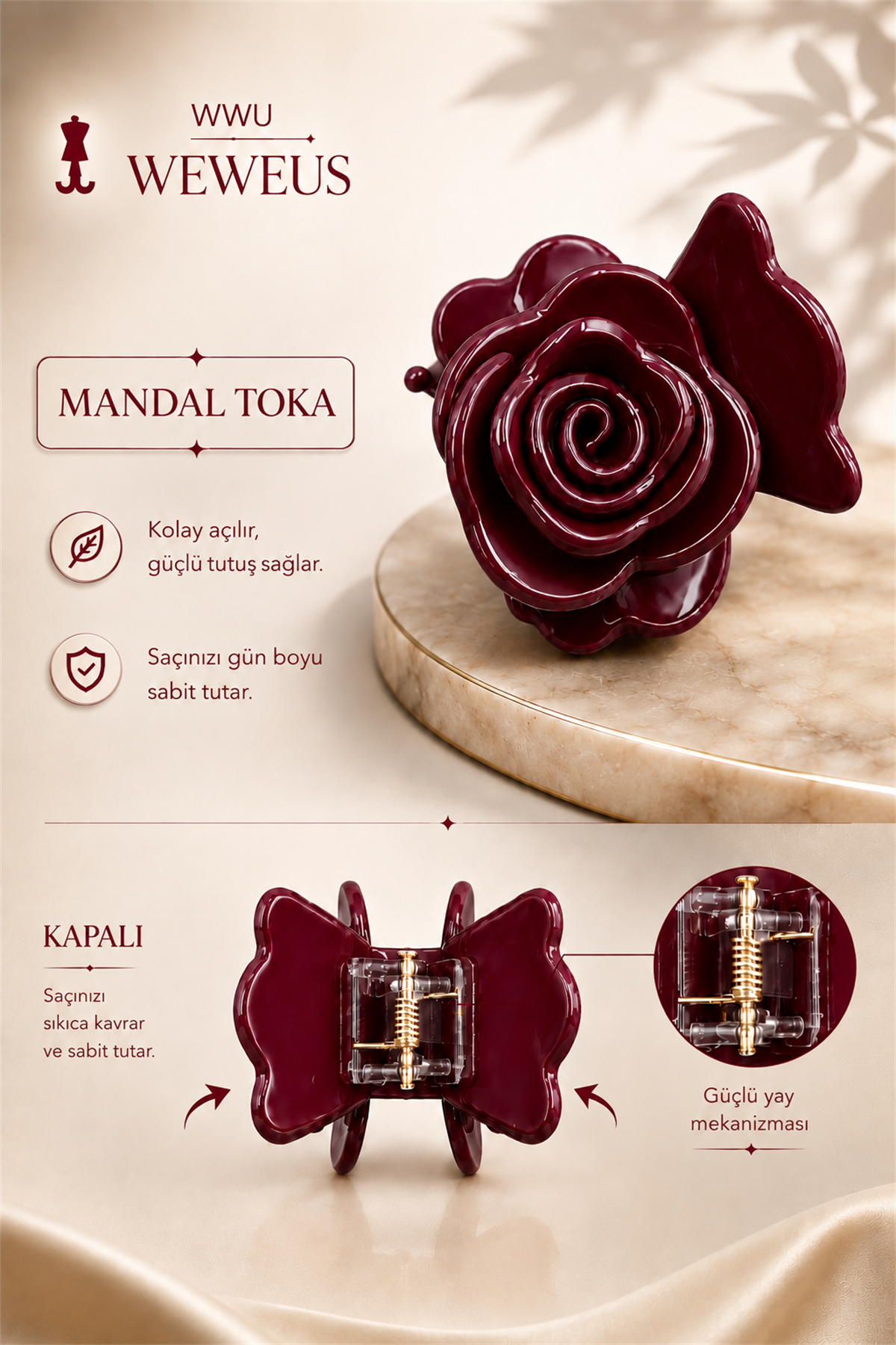 WeWeus Kemik Akrilik Bordo Premium Gül Mandal Toka