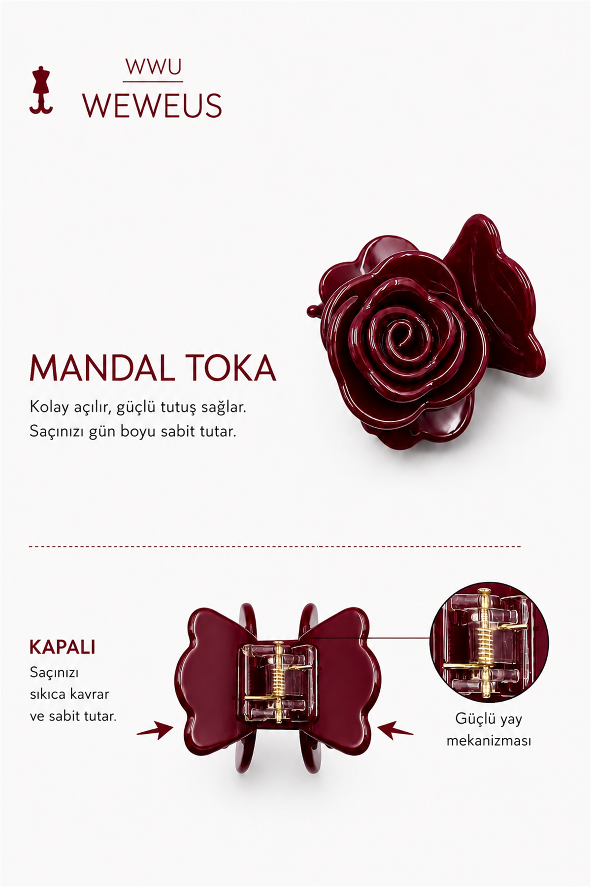 WeWeus Kemik Akrilik Bordo Premium Gül Mandal Toka
