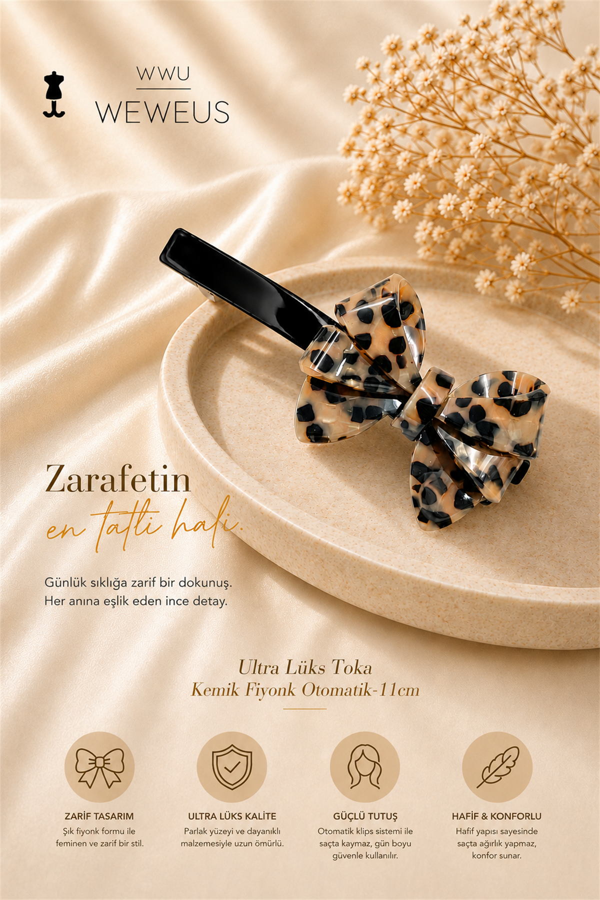 WeWeus Mini Leopar Premium Kemik Otomatik Fiyonk Toka