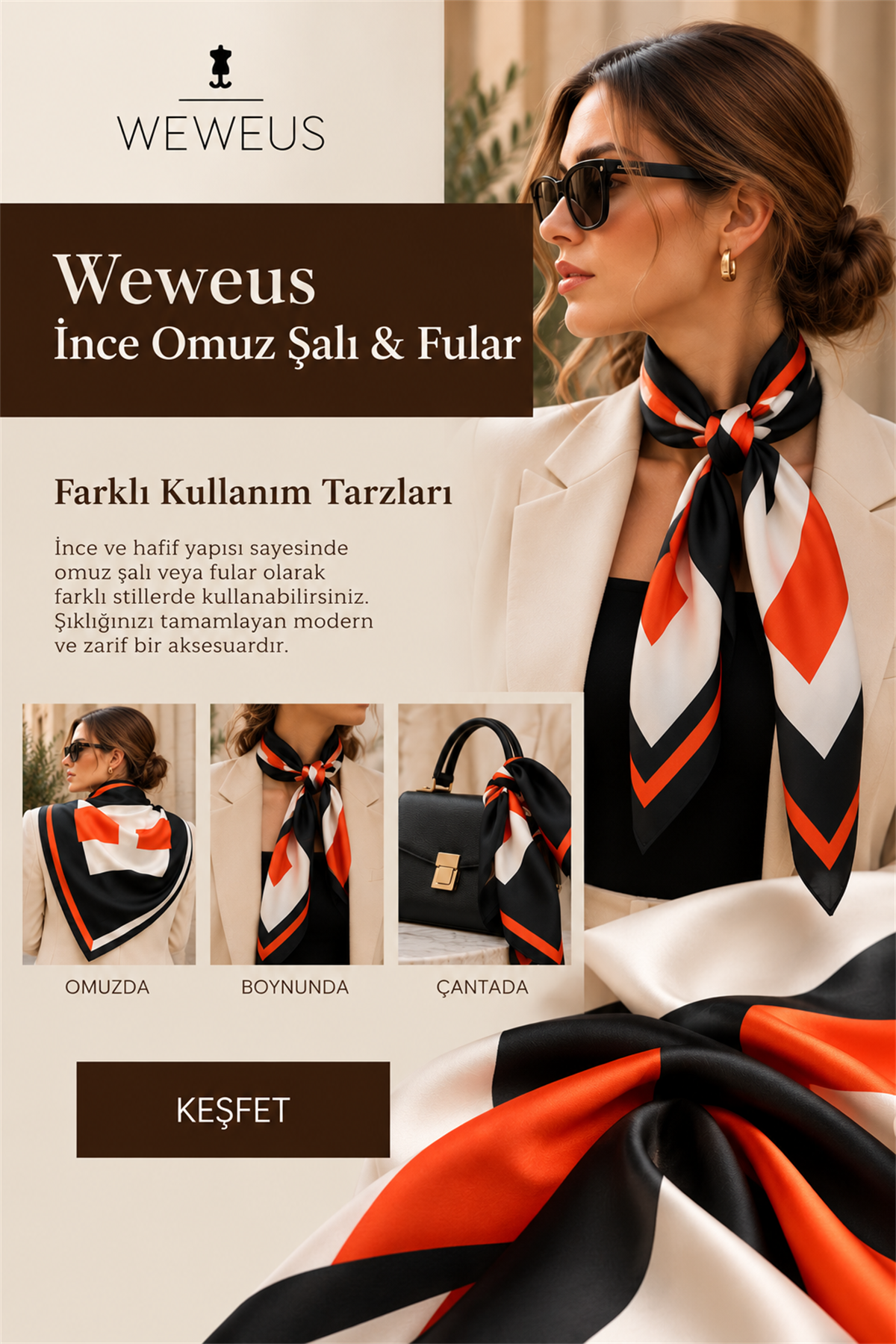 WeWeus Turuncu Desen İnce Omuz Şalı & Fular 90x90 cm