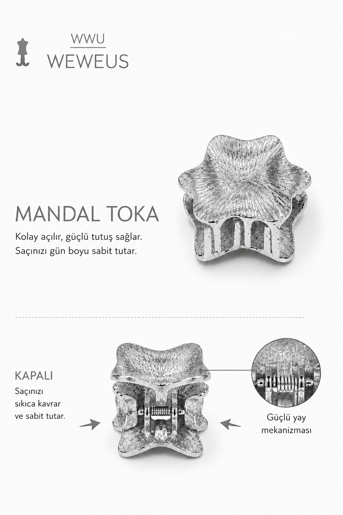 WeWeus Yıldız Gri Parlak Metal Mini Premium Mandal Toka