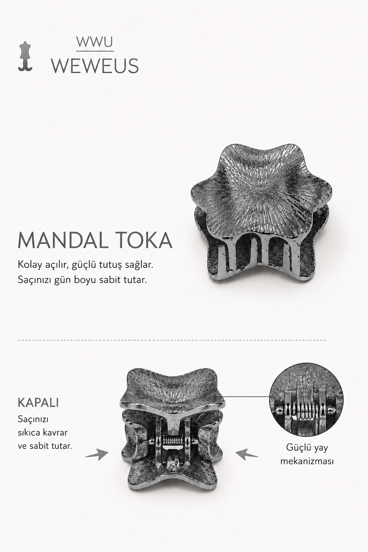 WeWeus Yıldız Koyu Gri Parlak Metal Mini Premium Mandal Toka