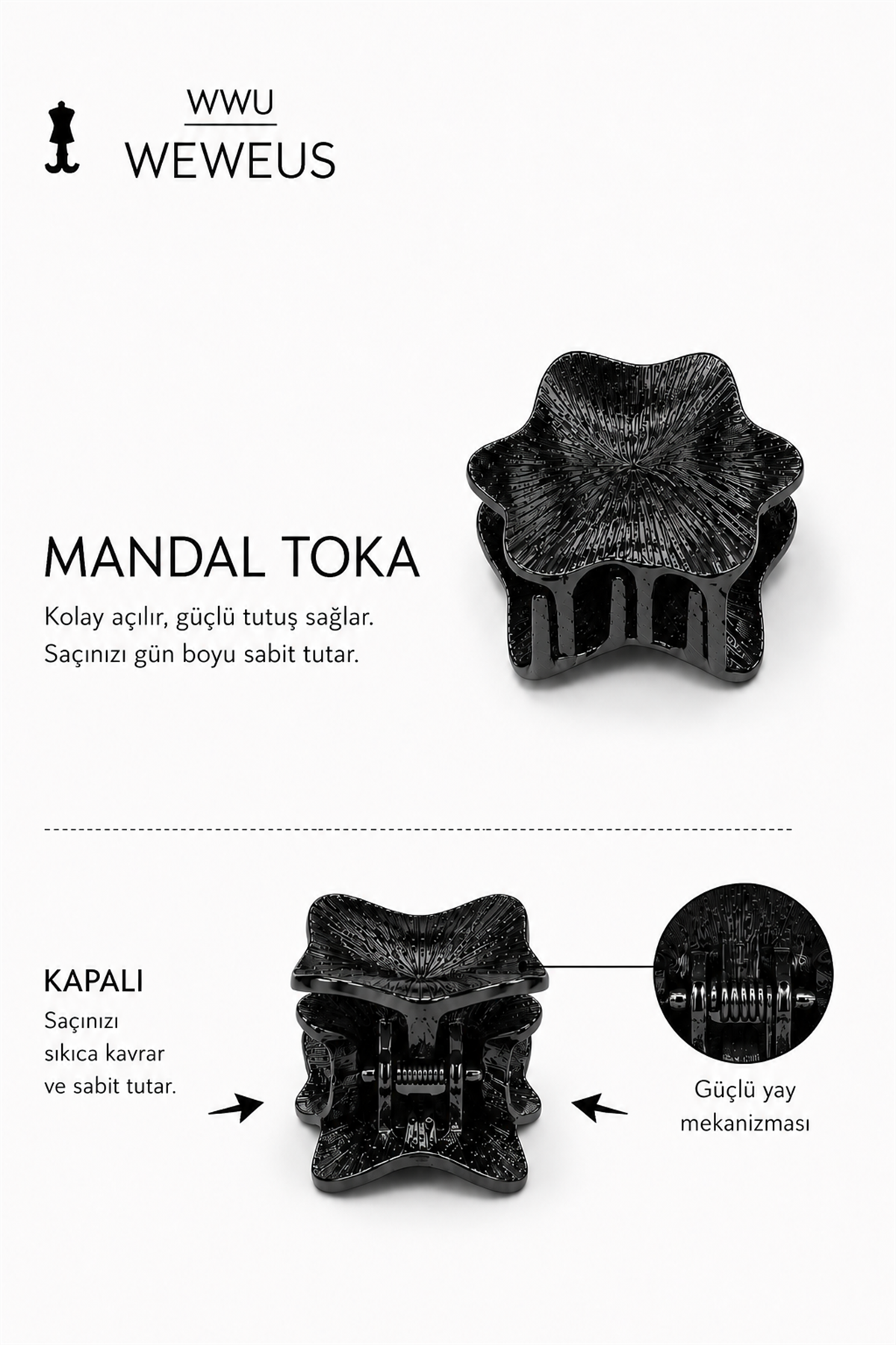 WeWeus Yıldız Siyah Parlak Metal Mini Premium Mandal Toka