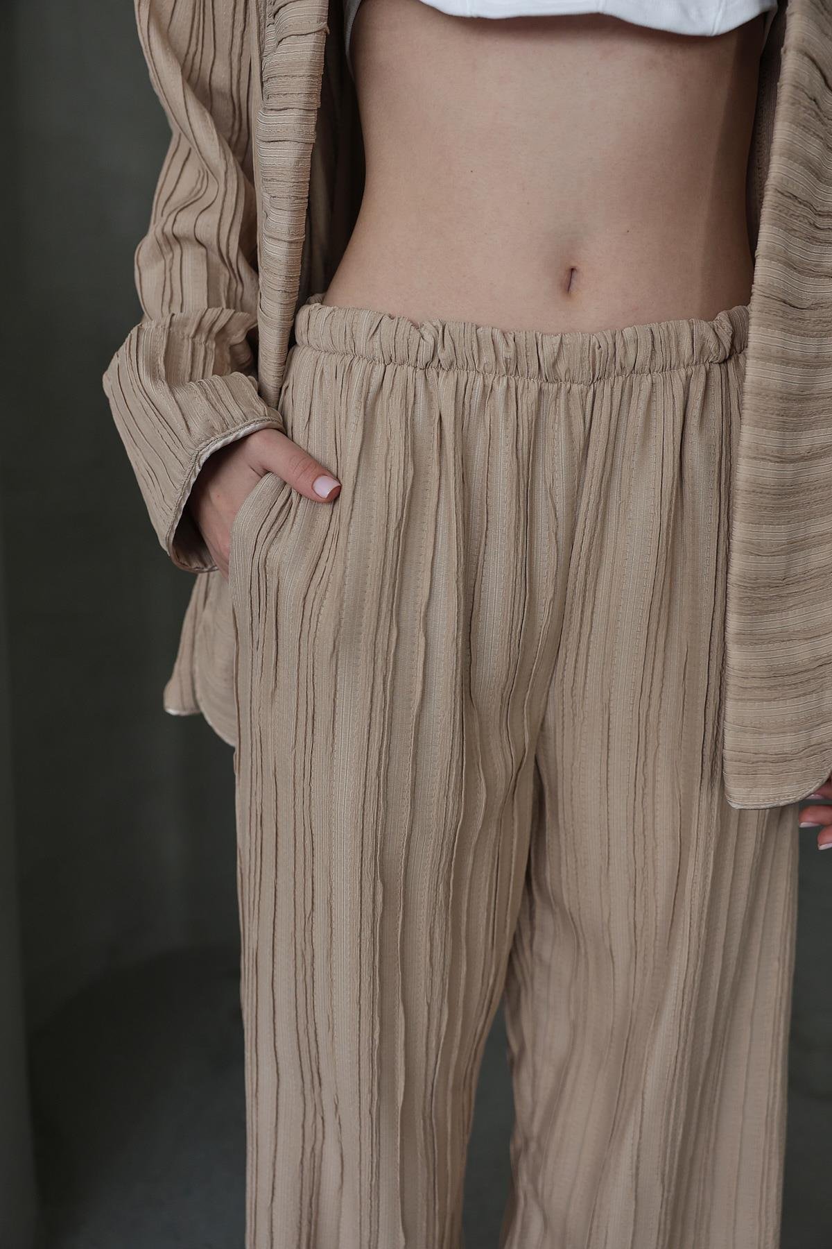 Pliseli Pantolon - Taş