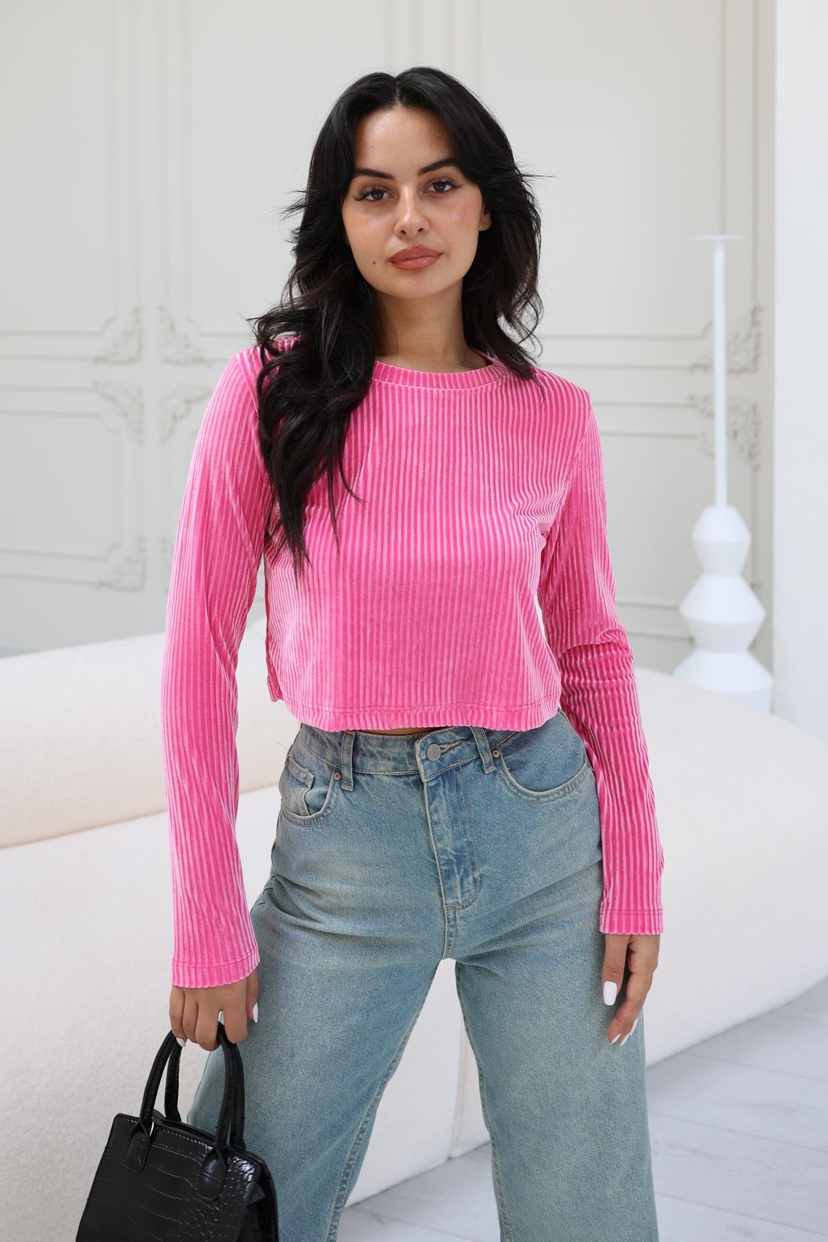 Kalın Fitilli Kadife Bluz Pembe