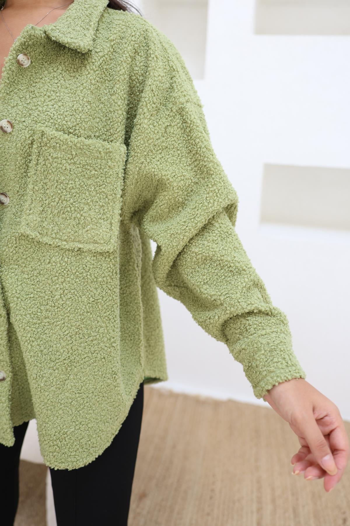 Çift Cepli Oversize Teddy Gömlek Yeşil