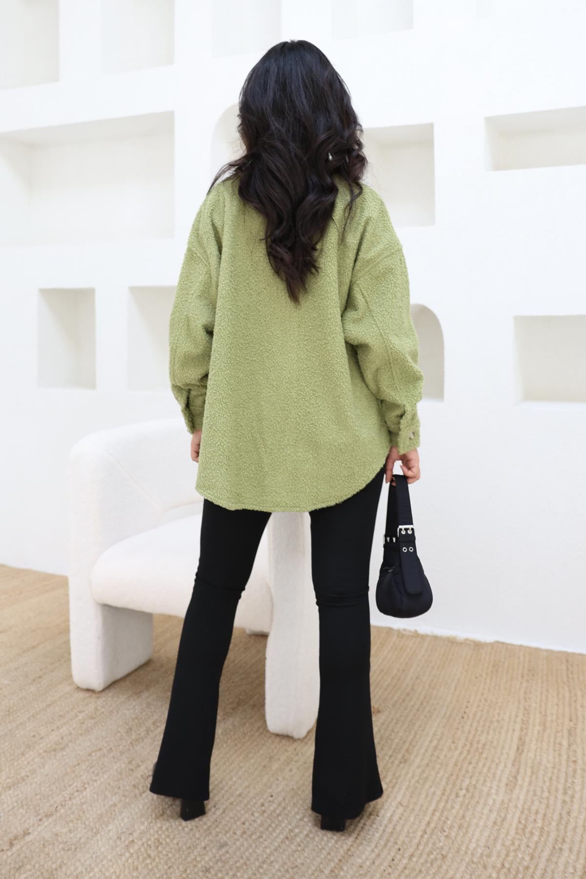 Çift Cepli Oversize Teddy Gömlek Yeşil