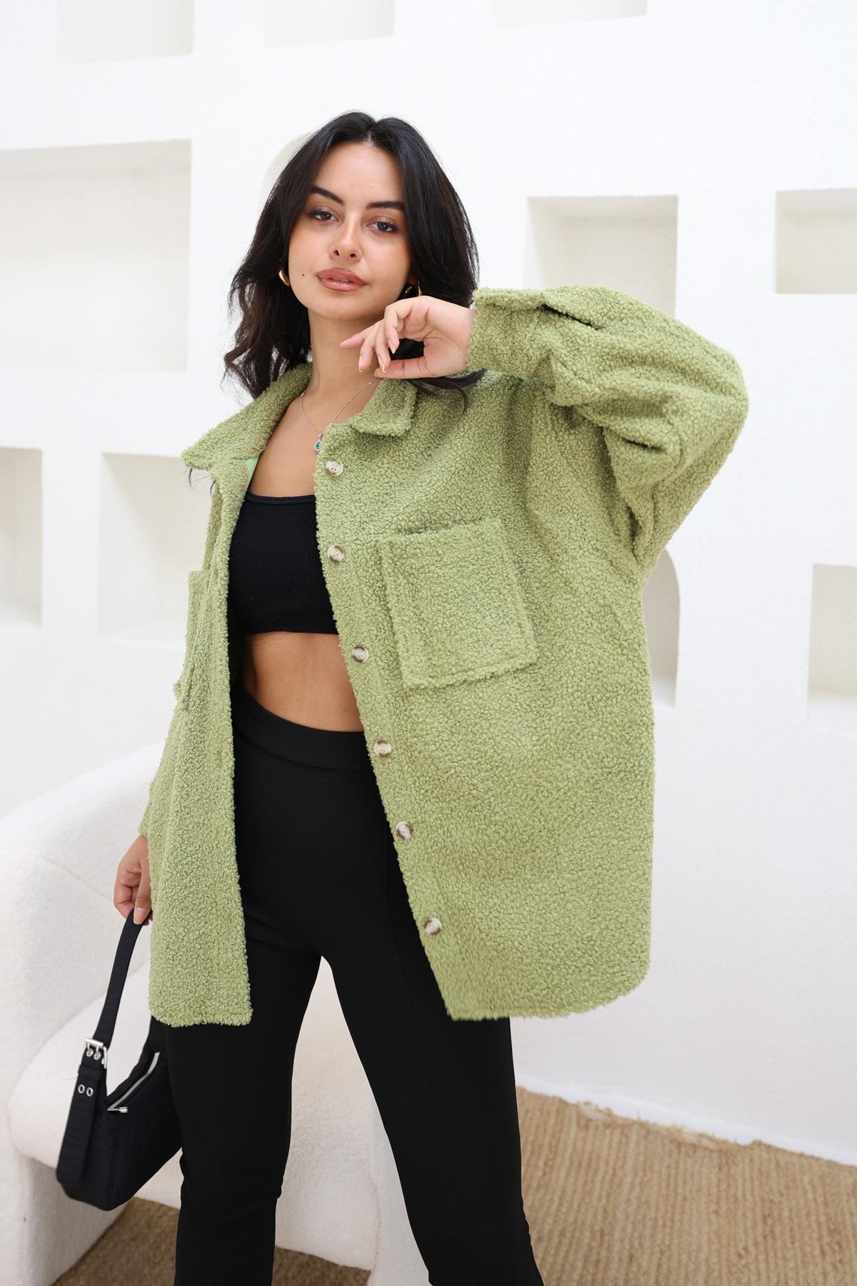 Çift Cepli Oversize Teddy Gömlek Yeşil