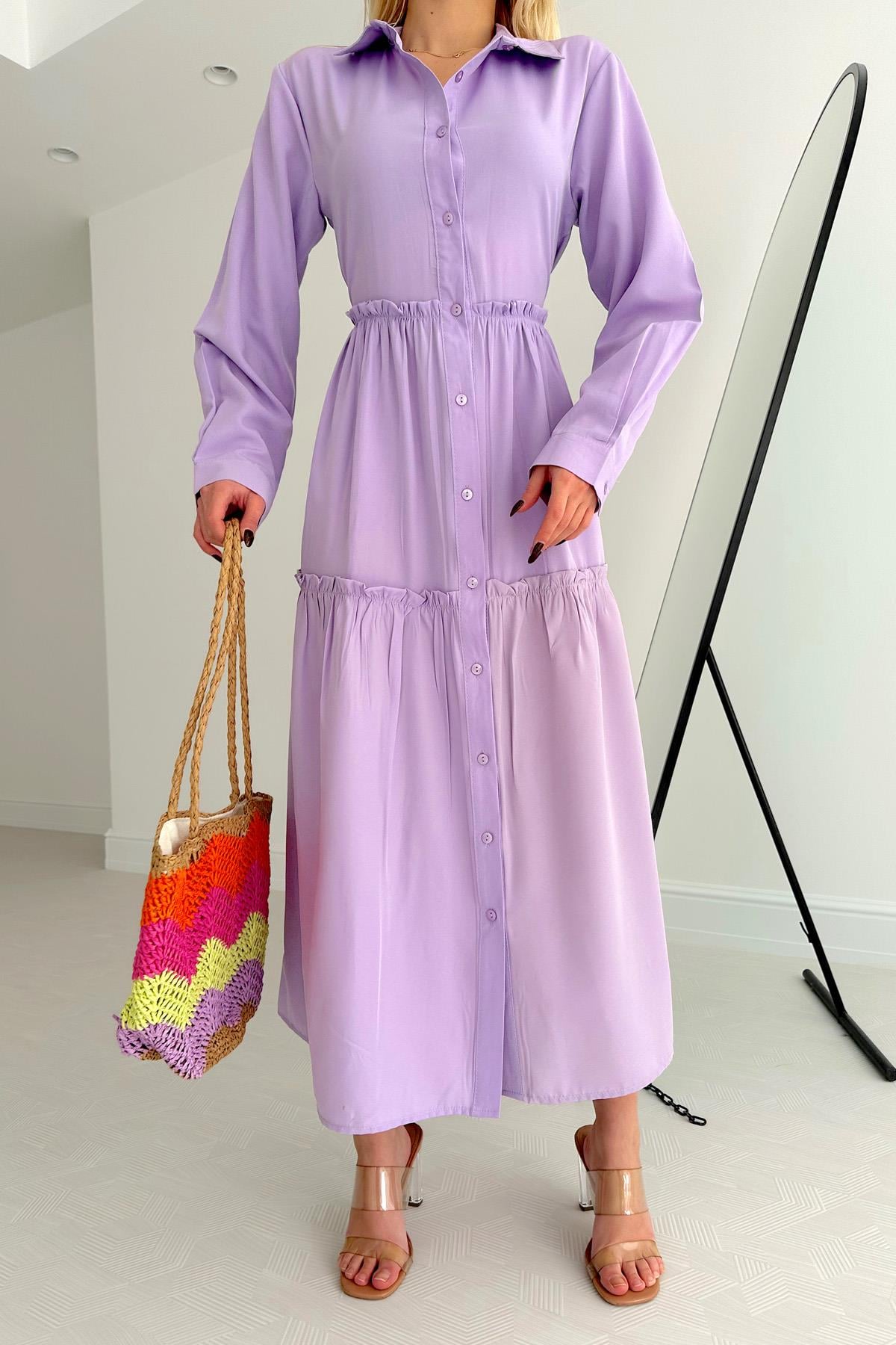 Neck Button Shirt Dress Lilac