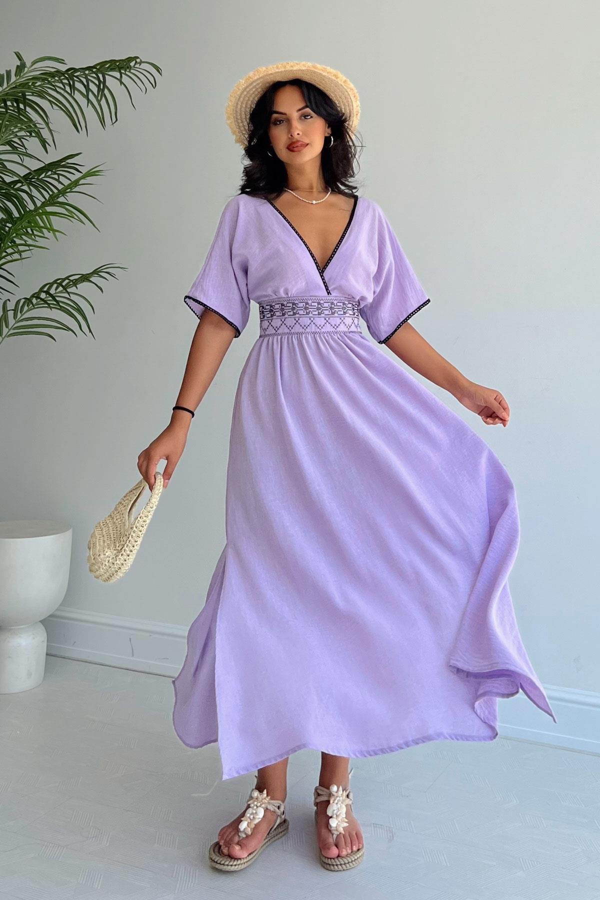 Ethnic Waist Embroidered Linen Dress Lilac - reyontoptan.com