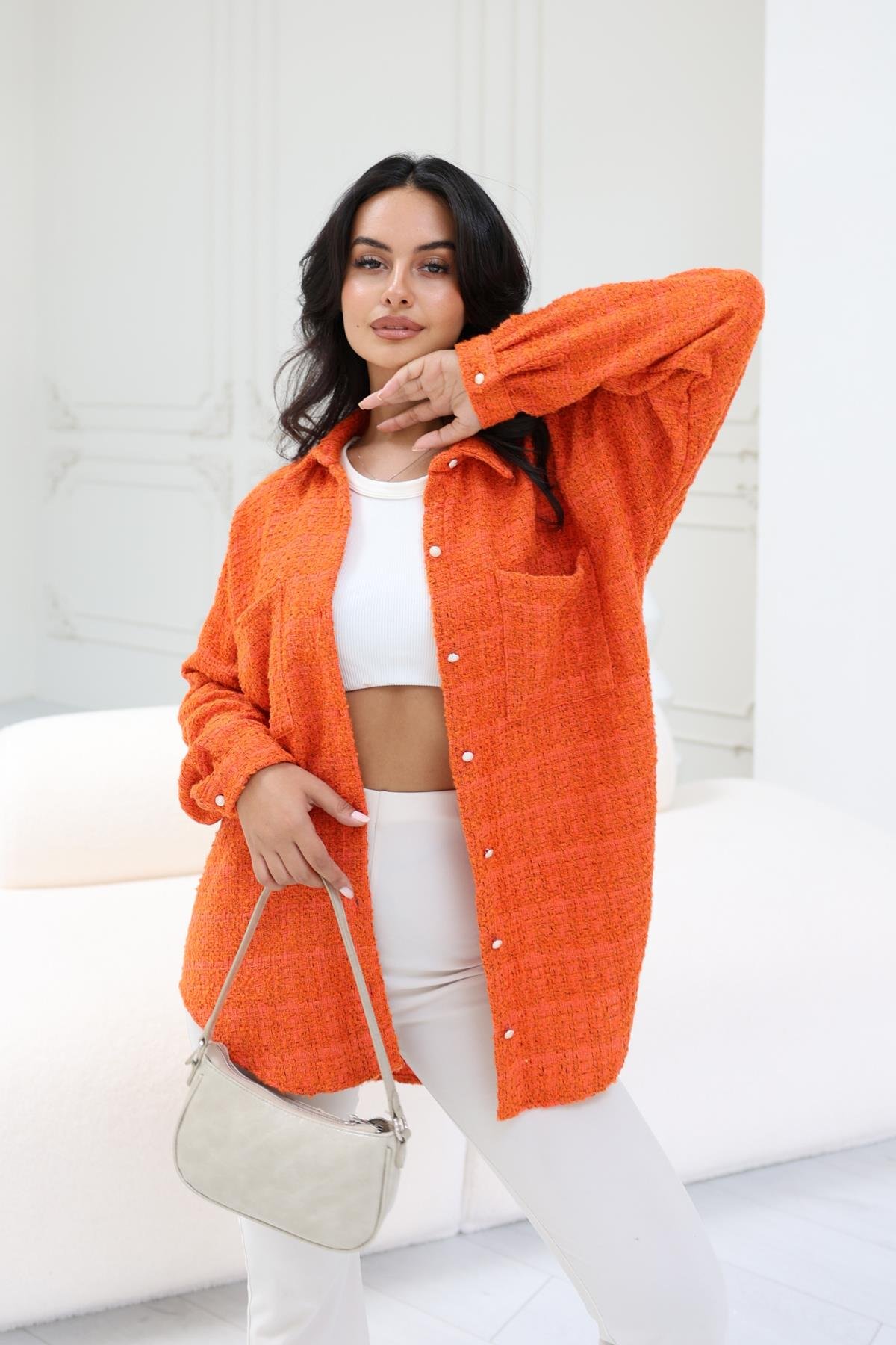 Düğme Detaylı Cepli Oversize Gömlek Oranj