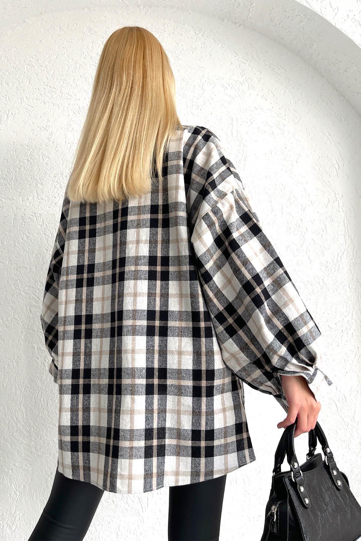Plaid Balloon Sleeve Lumberjack Shirt Beige