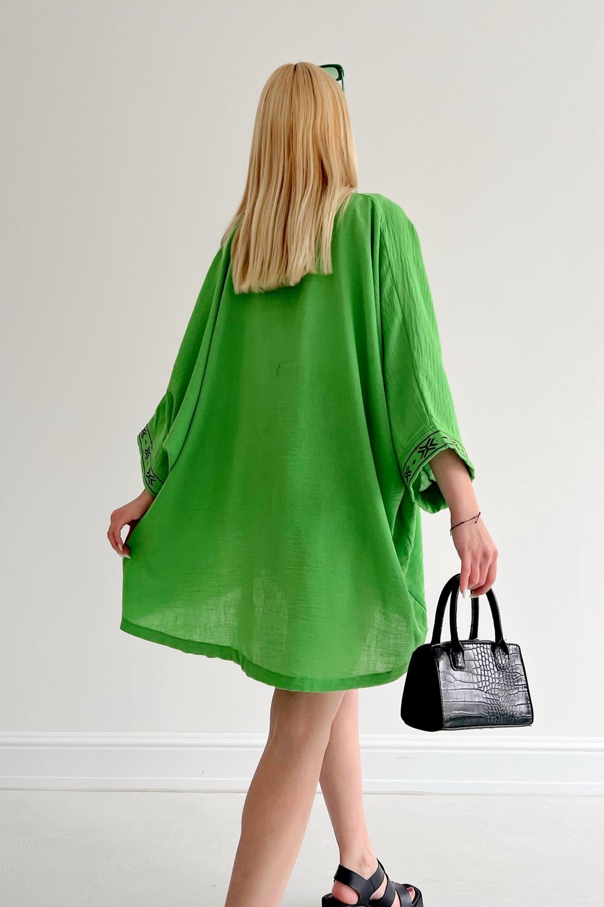 Nakışlı Oversize Kimono B.Yeşil