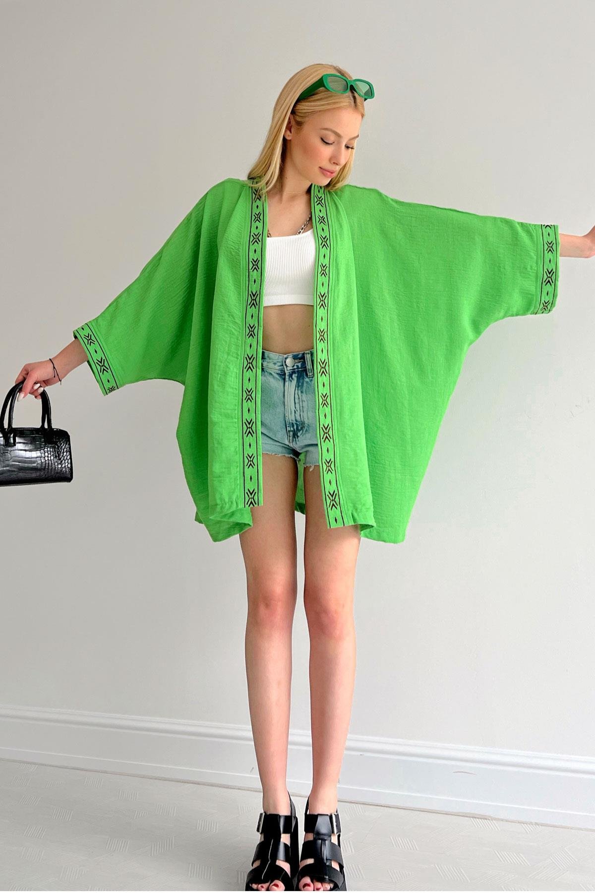 Nakışlı Oversize Kimono B.Yeşil