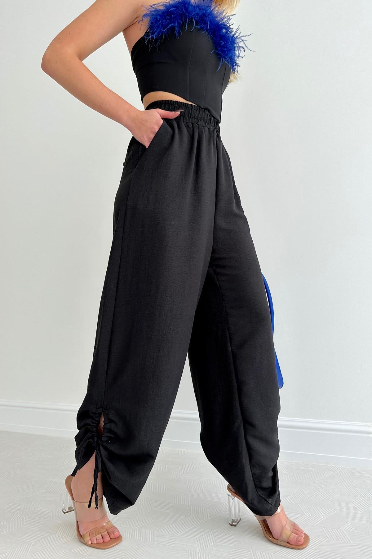 Cuffed Leg Ties Basic Shalwar Pants Black