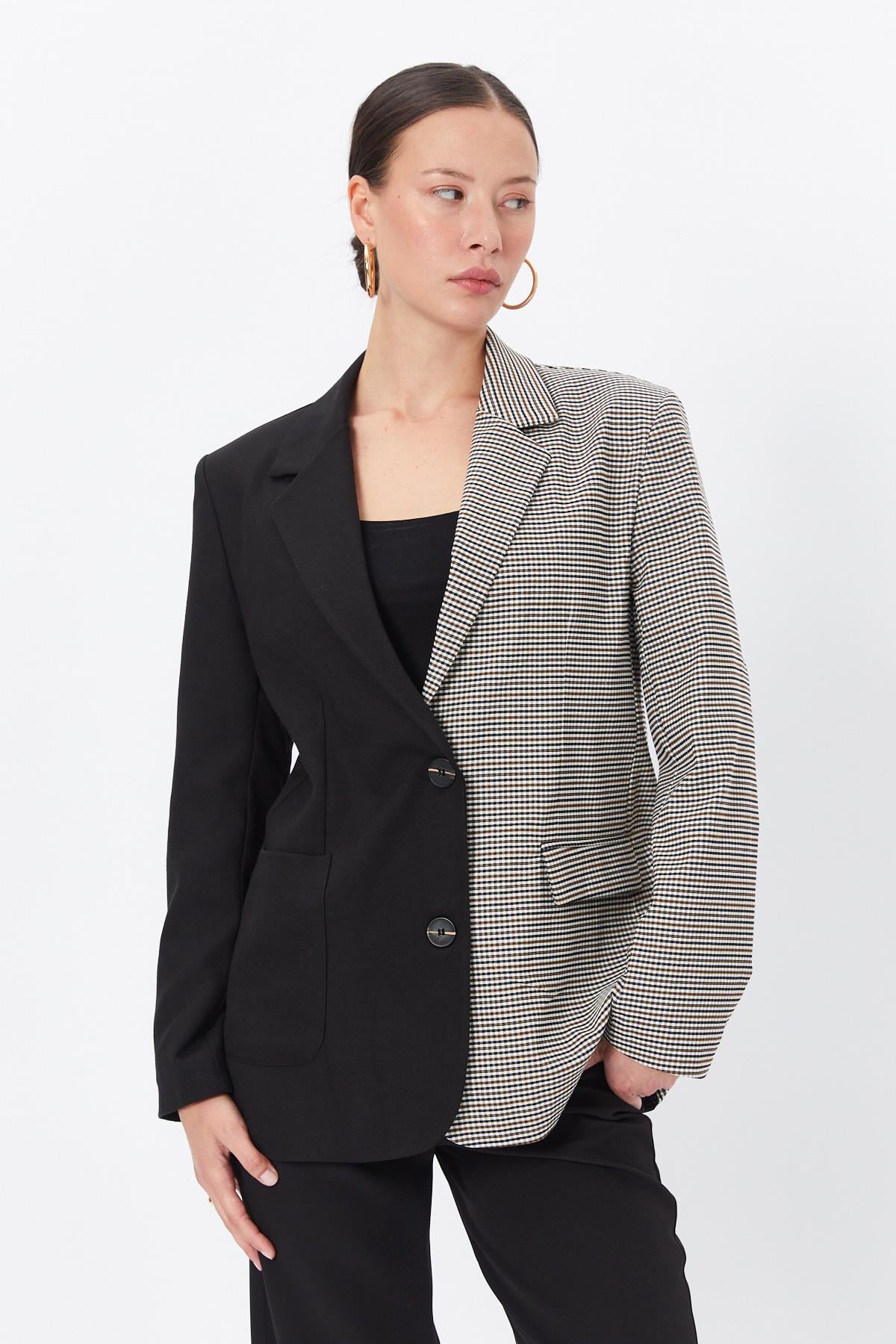 Toptan Çift Renk Blazer Ceket Siyah