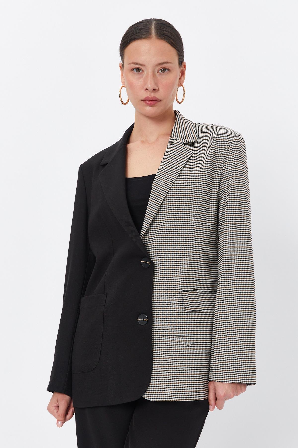 Toptan Çift Renk Blazer Ceket Siyah