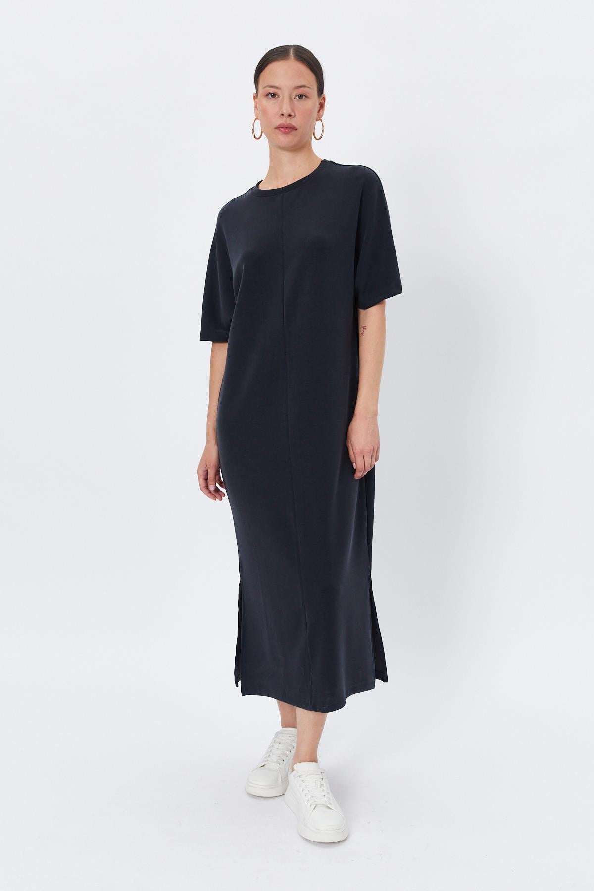 Toptan Oversize Yırtmaçlı Elbise Siyah