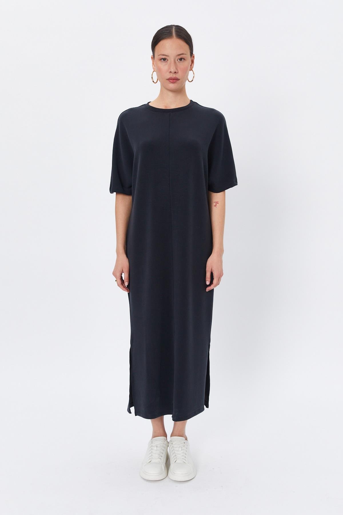 Toptan Oversize Yırtmaçlı Elbise Siyah