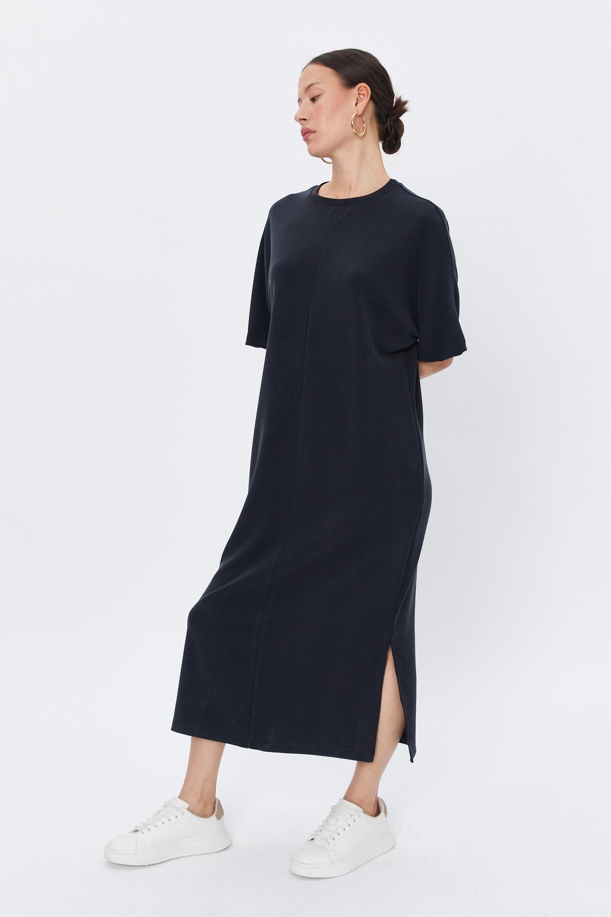 Toptan Oversize Yırtmaçlı Elbise Siyah