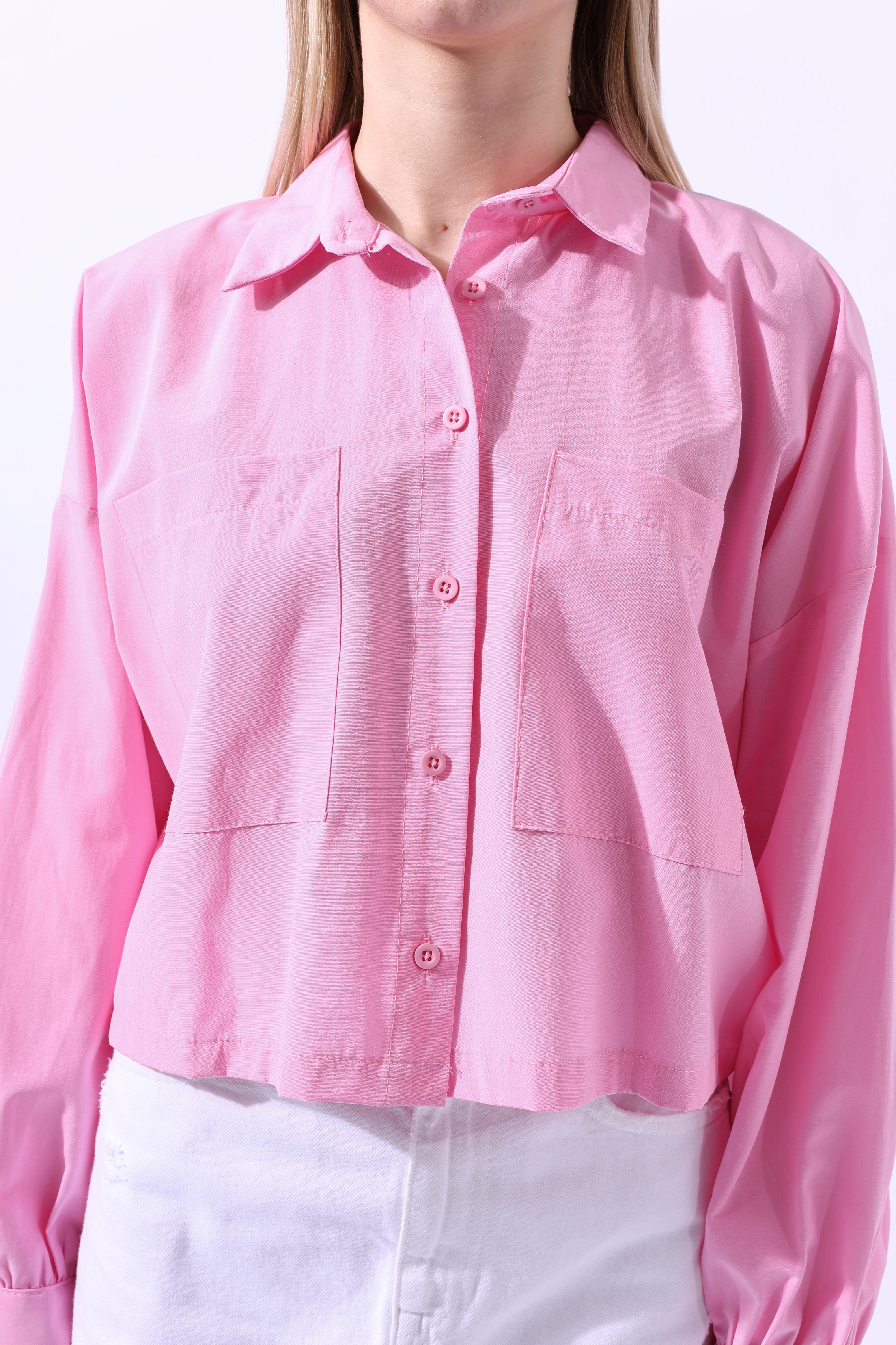 Toptan Cepli Crop Gömlek Şeker Pembe