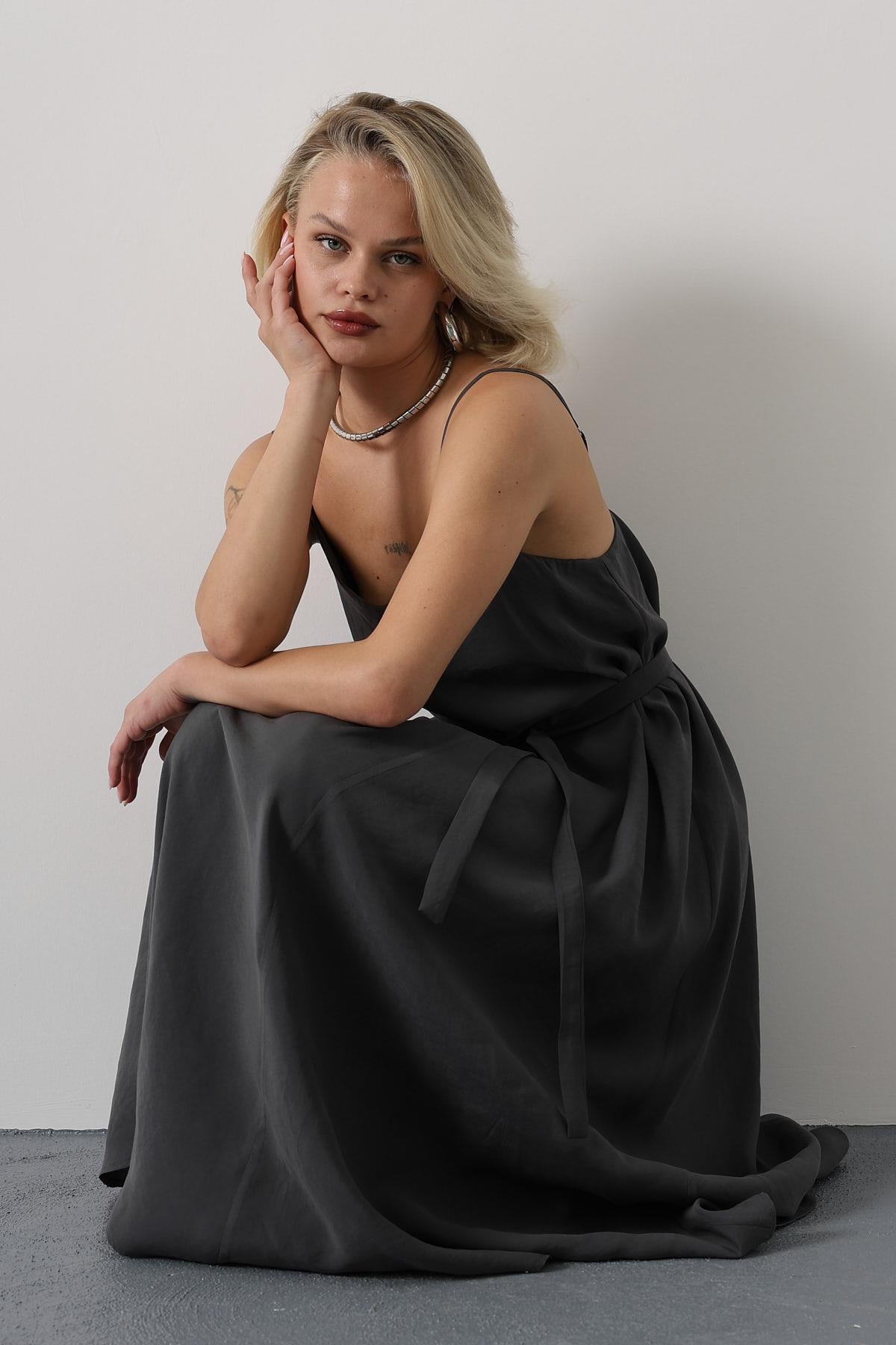 Askılı Basic Uzun Elbise - Açık Antrasit