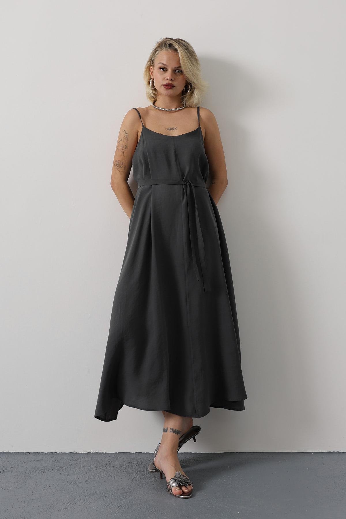 Askılı Basic Uzun Elbise - Antrasit
