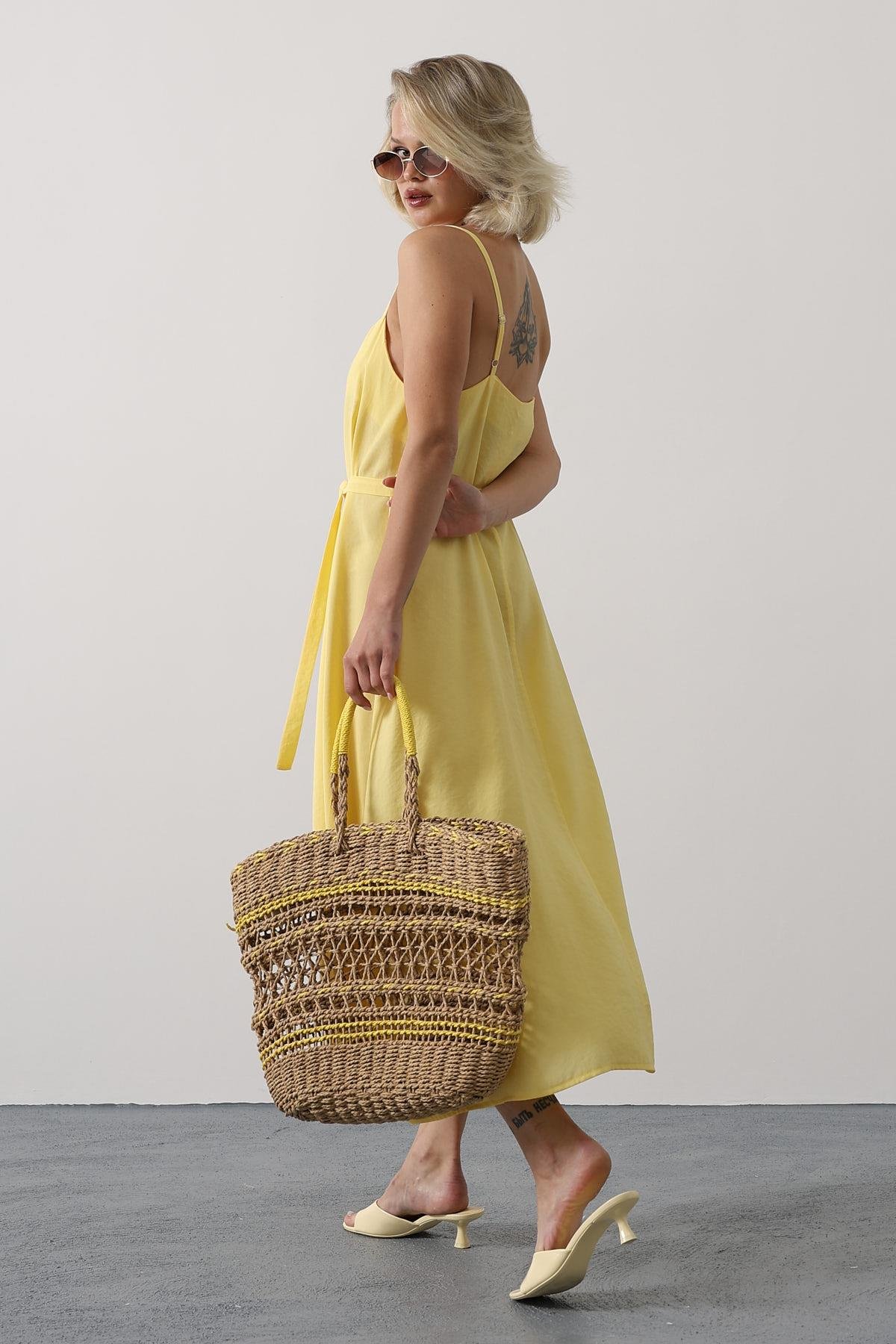 Askılı Basic Uzun Elbise - Sarı