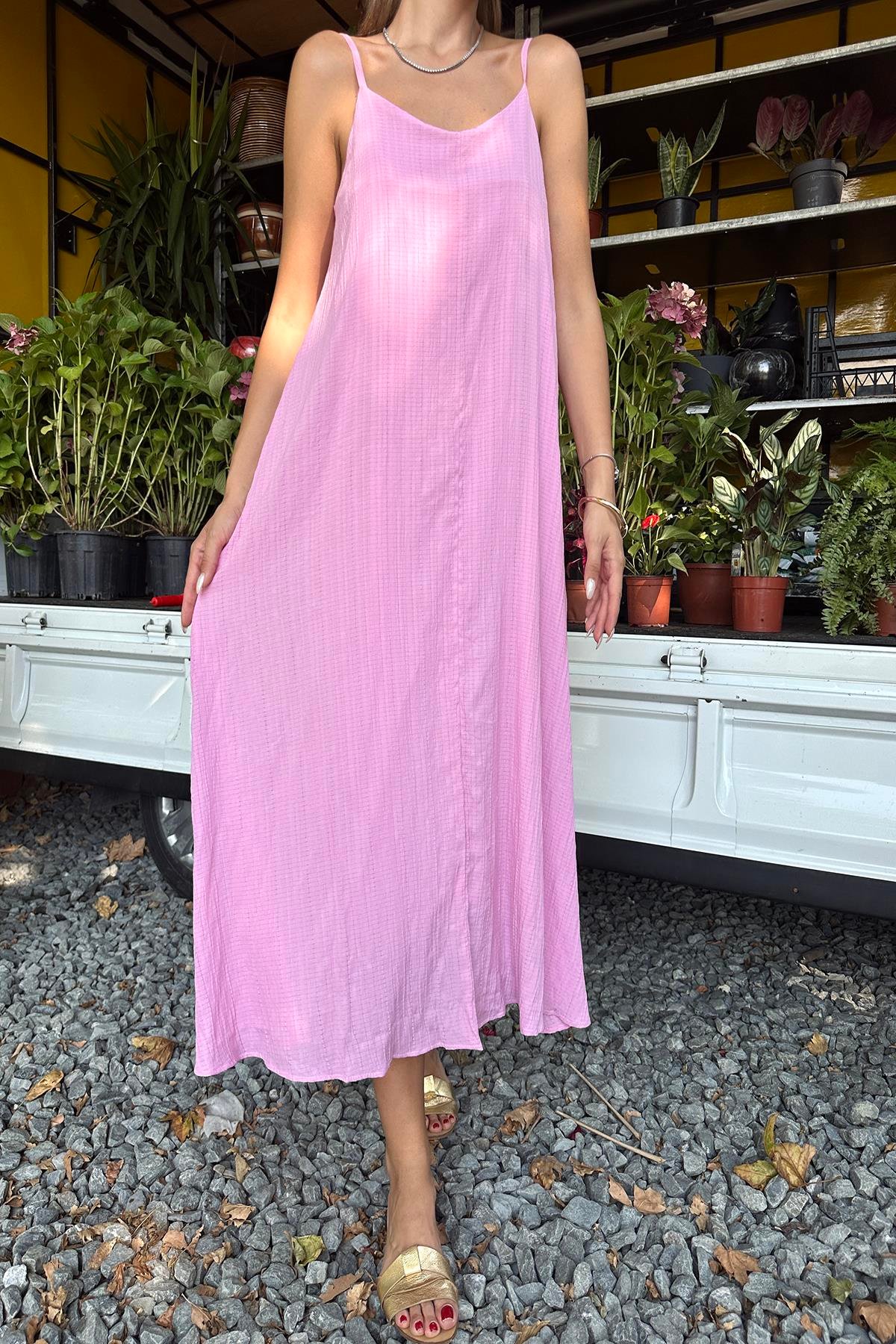 Askılı Uzun Çan Elbise - Pembe