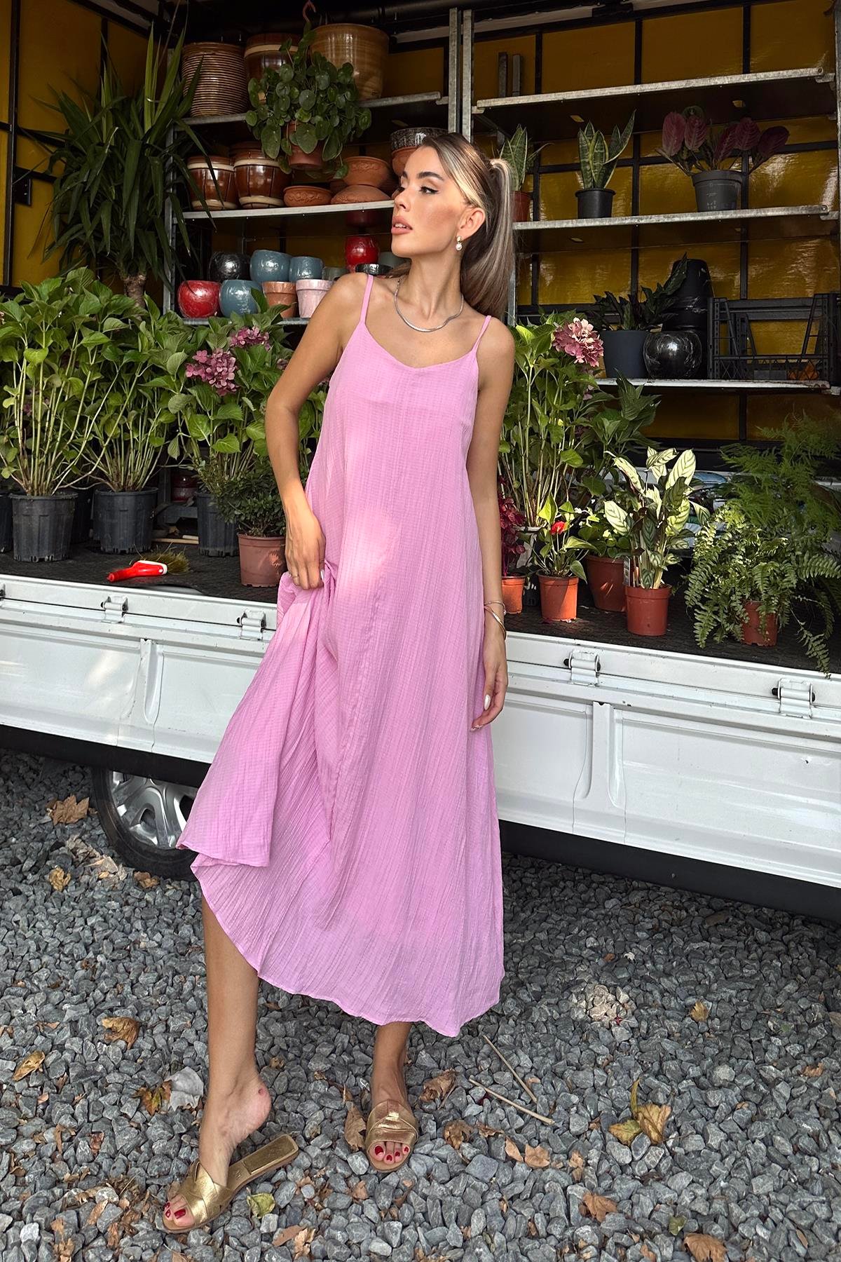 Askılı Uzun Çan Elbise - Pembe