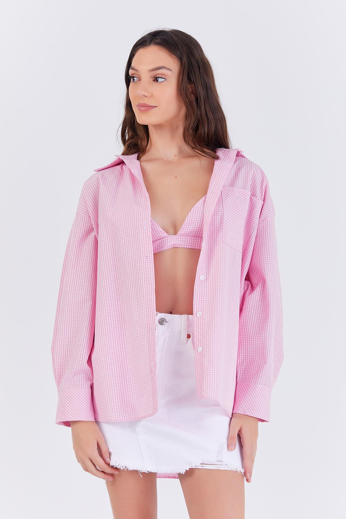 Büstiyerli Ekose Gömlek - Pembe