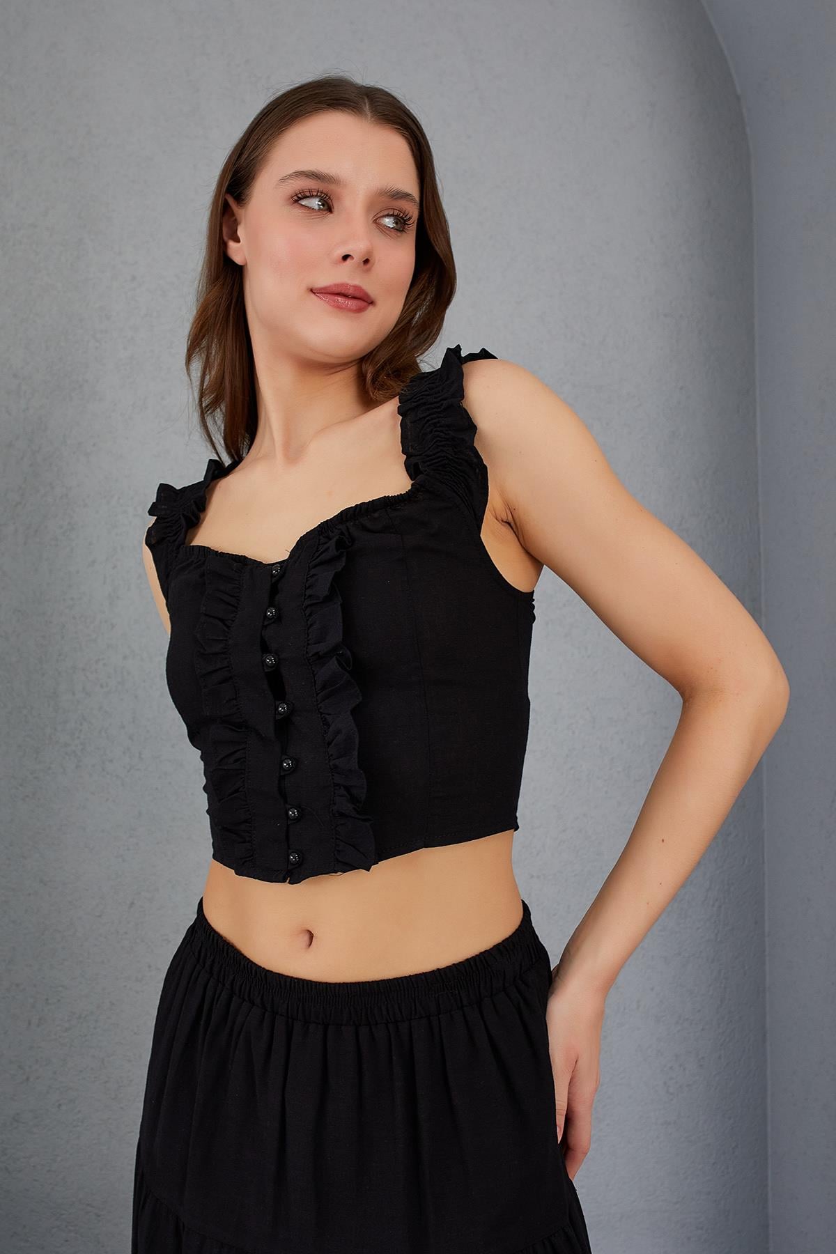 Düğmeli Crop Bluz - SİYAH