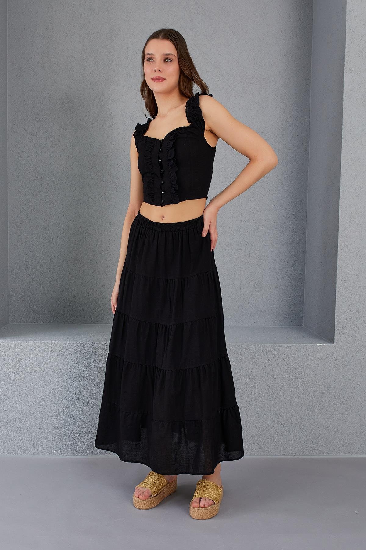 Düğmeli Crop Bluz - SİYAH