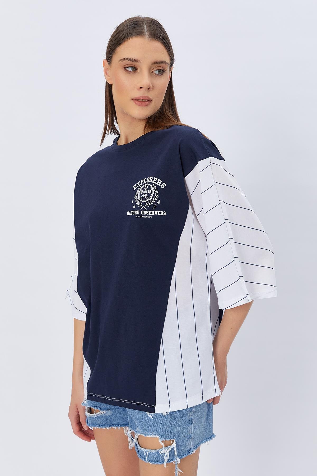Kontrast Baskılı Tshirt - LACİVERT