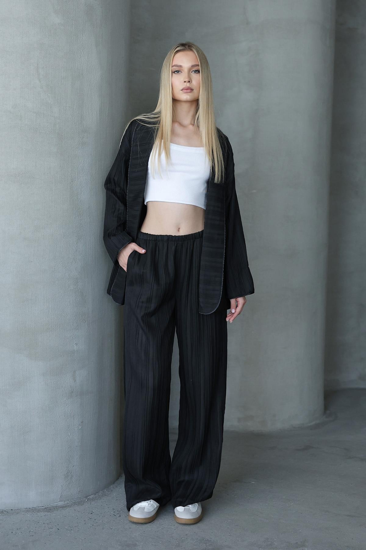 Pliseli Kimono - Siyah