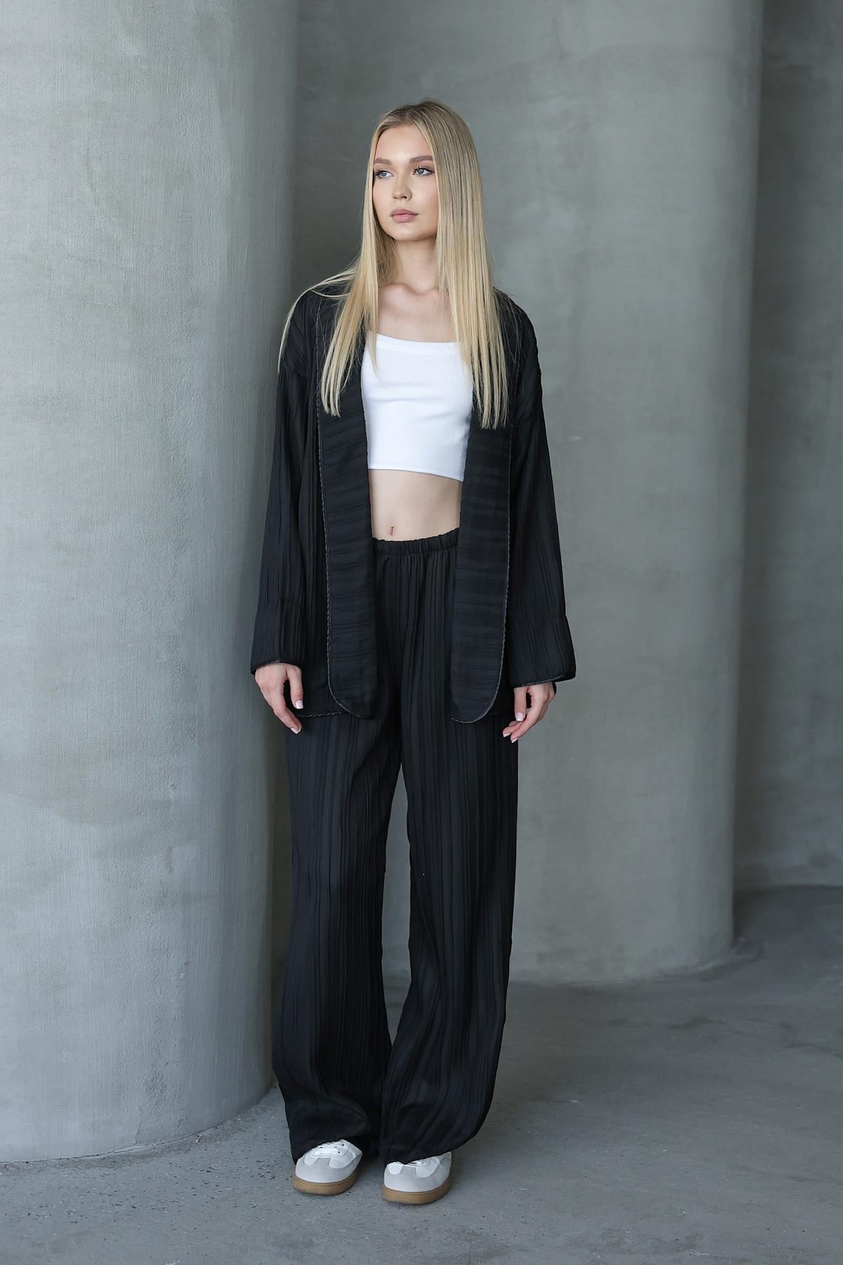 Pliseli Kimono - Siyah