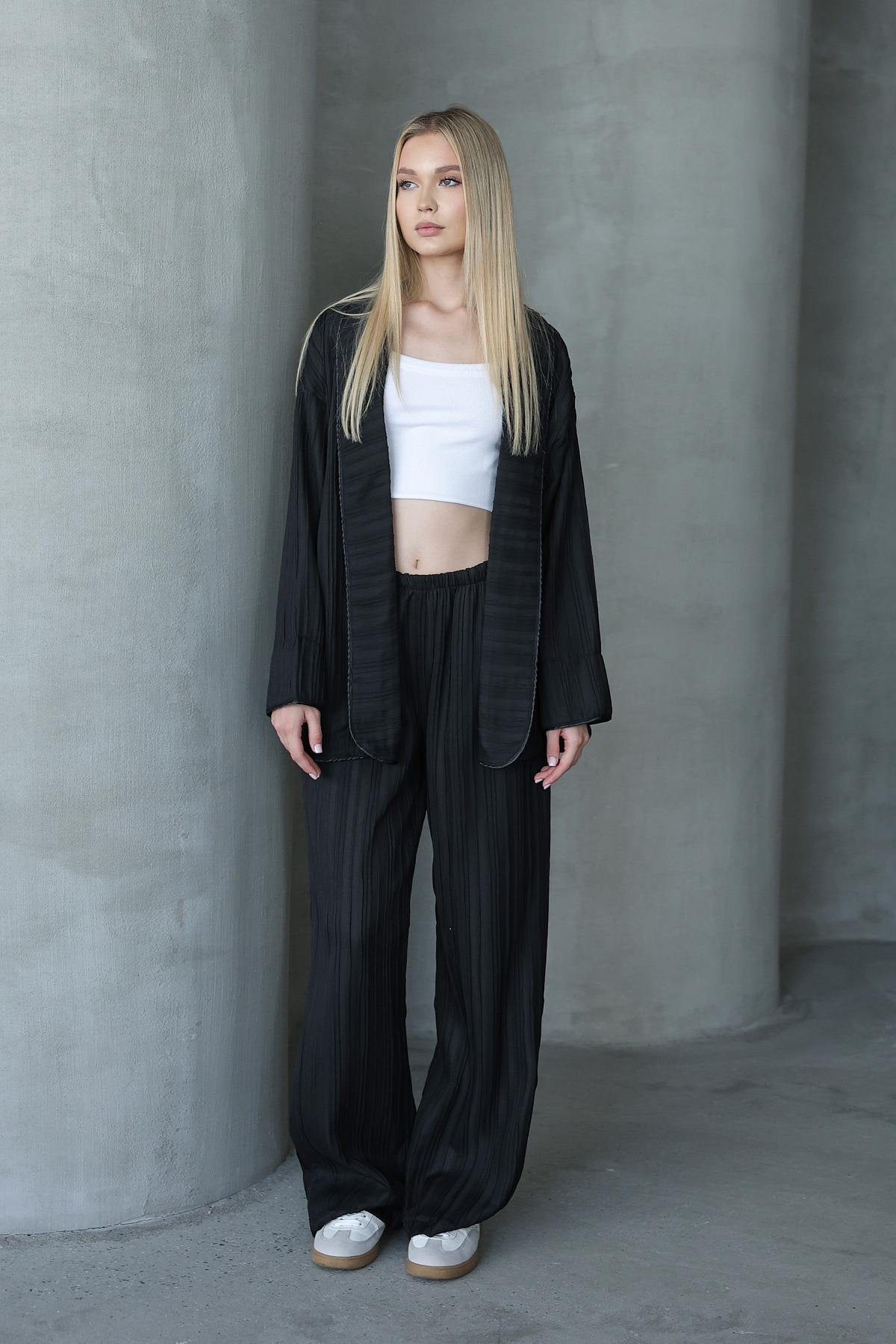 Pliseli Kimono - Siyah