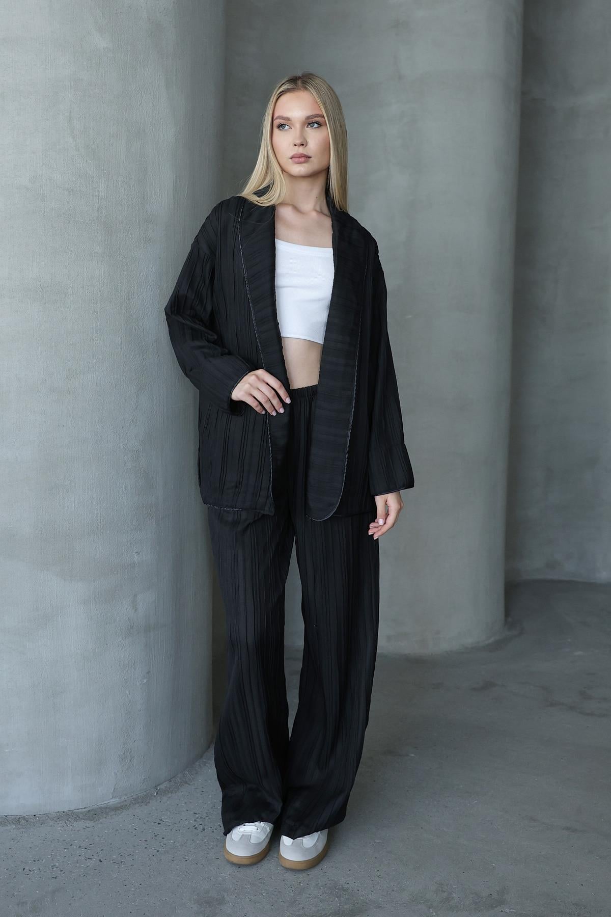 Pliseli Kimono - Siyah