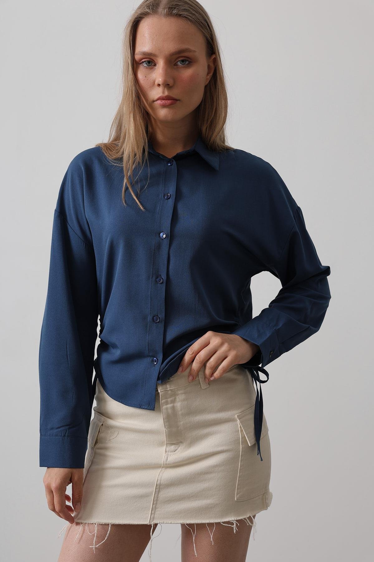Yanları Bağlamalı Basic Gömlek - İndigo