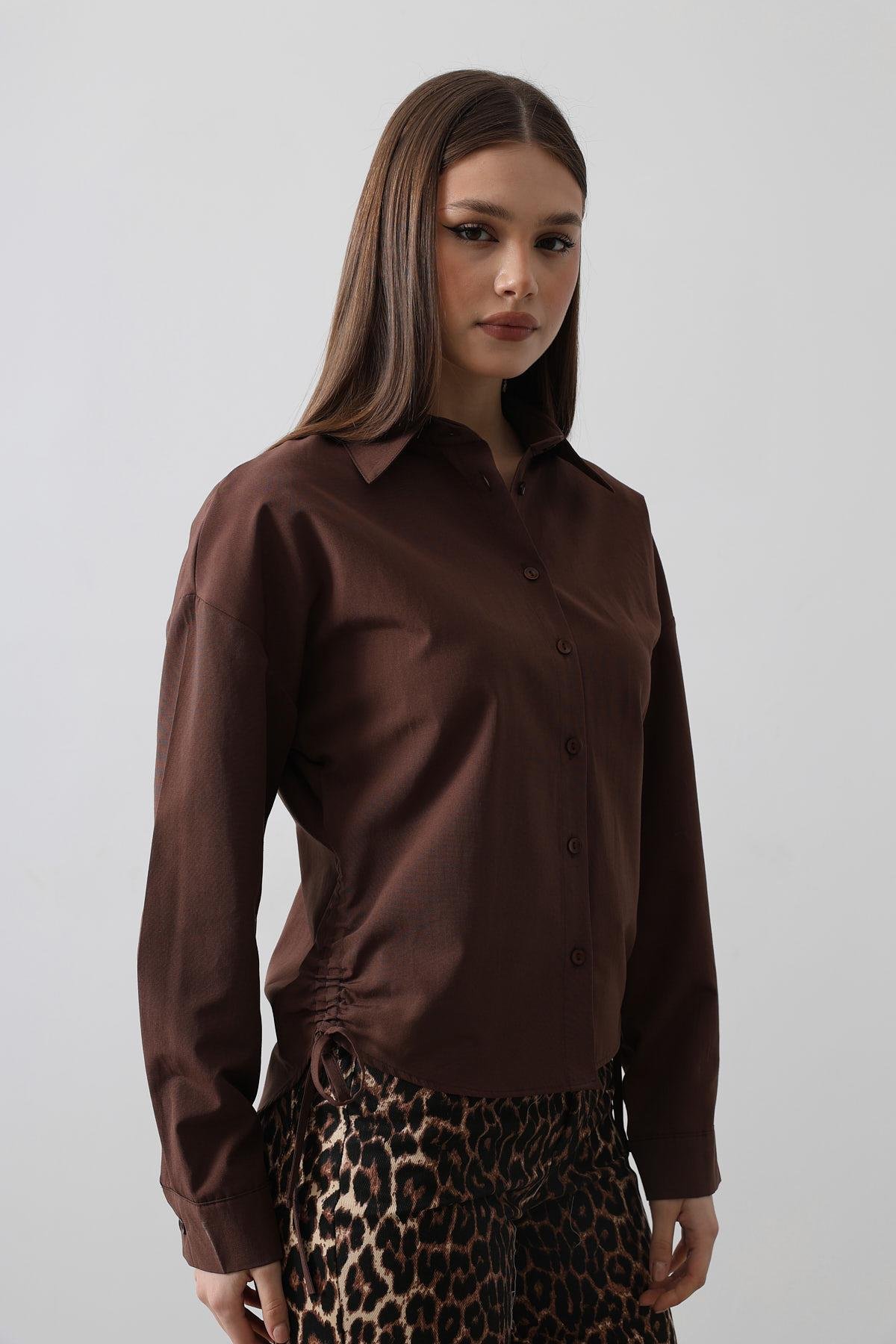Yanları Bağlamalı Basic Gömlek - Koyu Kahve