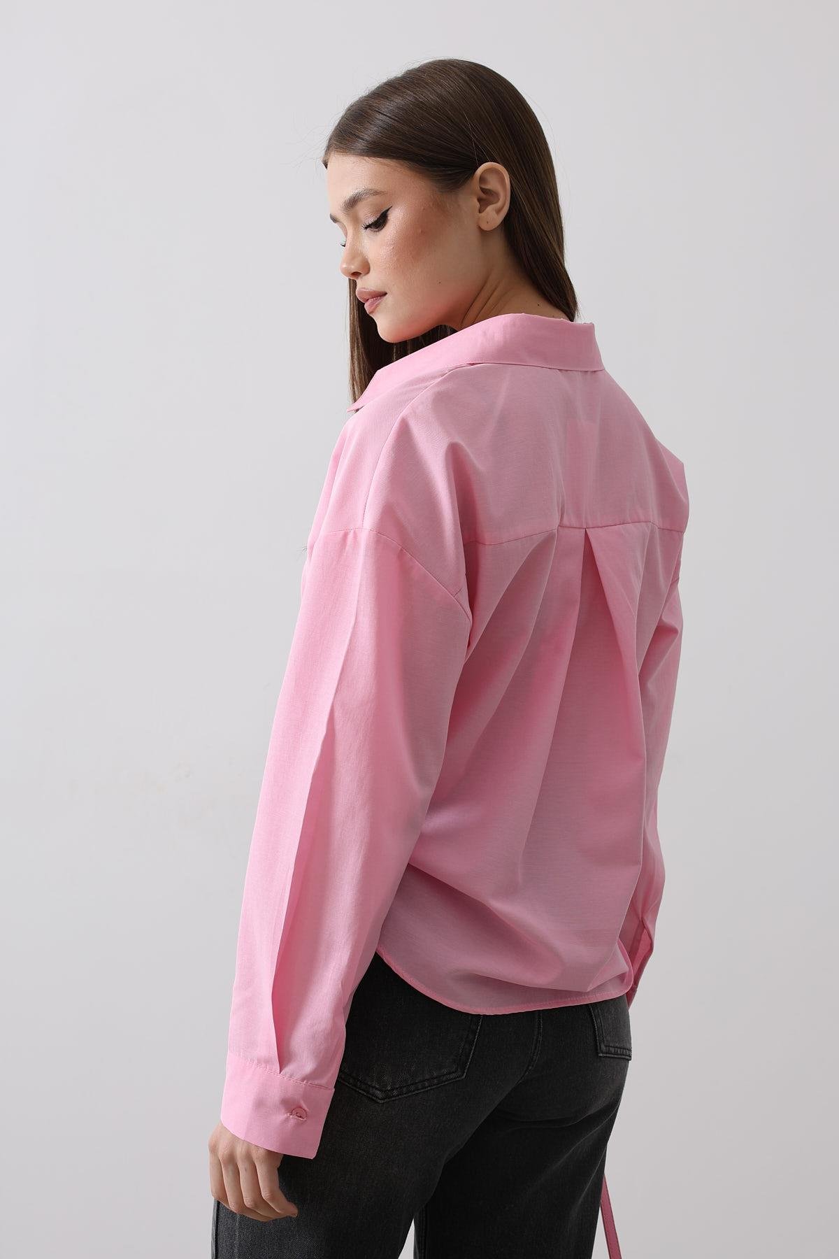 Yanları Bağlamalı Basic Gömlek - Pembe