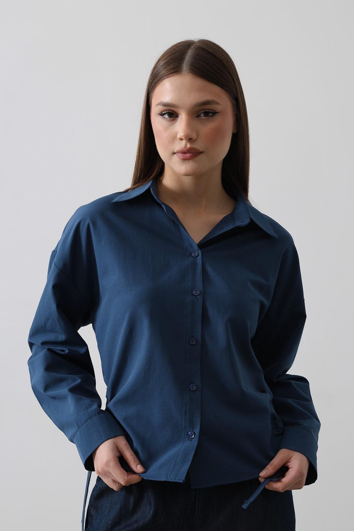 Yanları Bağlamalı Basic Gömlek - İndigo