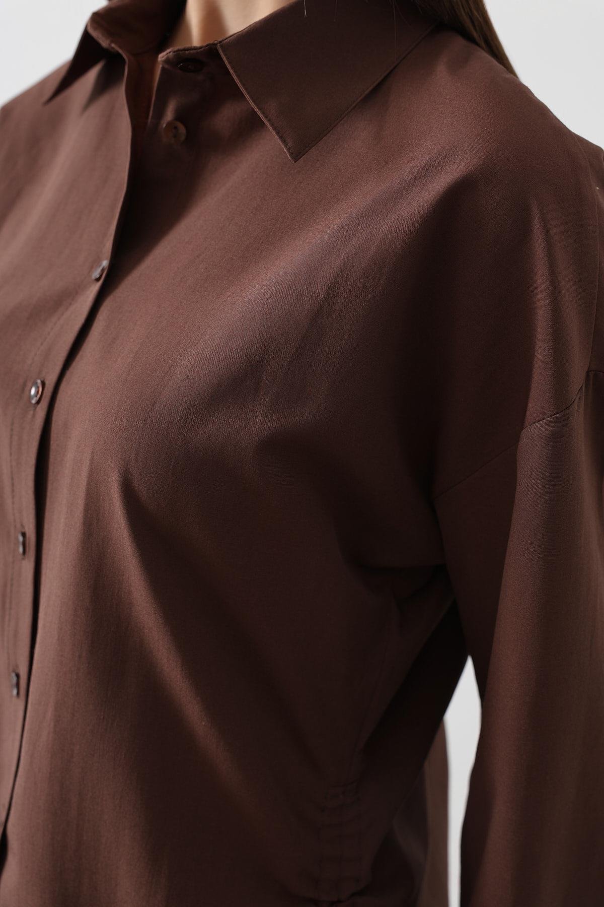 Yanları Bağlamalı Basic Gömlek - Koyu Kahve