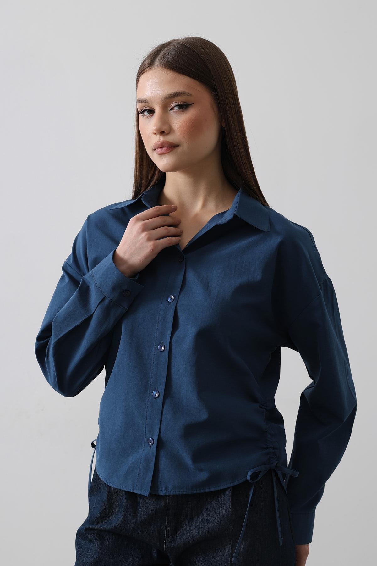 Yanları Bağlamalı Basic Gömlek - İndigo