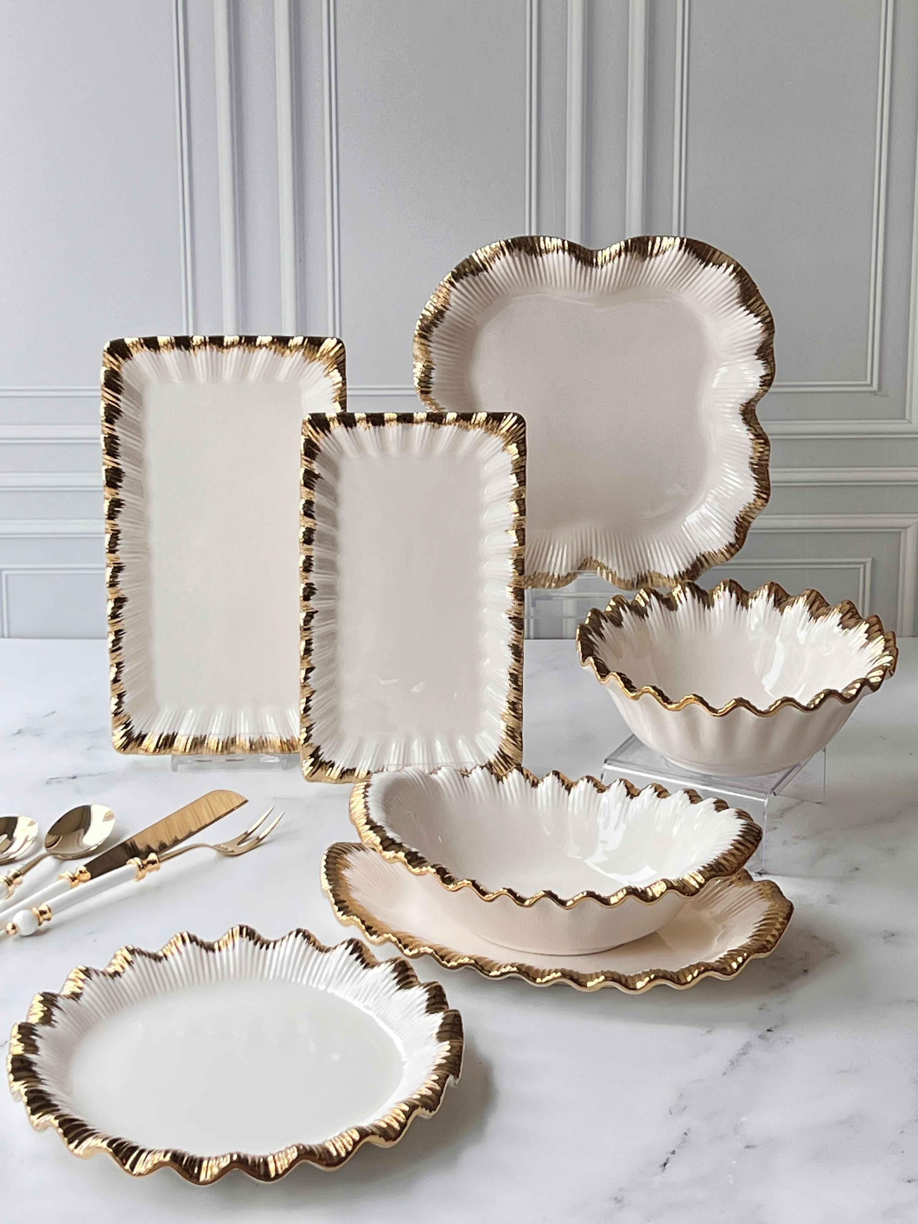 7 Parça Sunum Seti Sofya Stoneware Gold Kenarlı