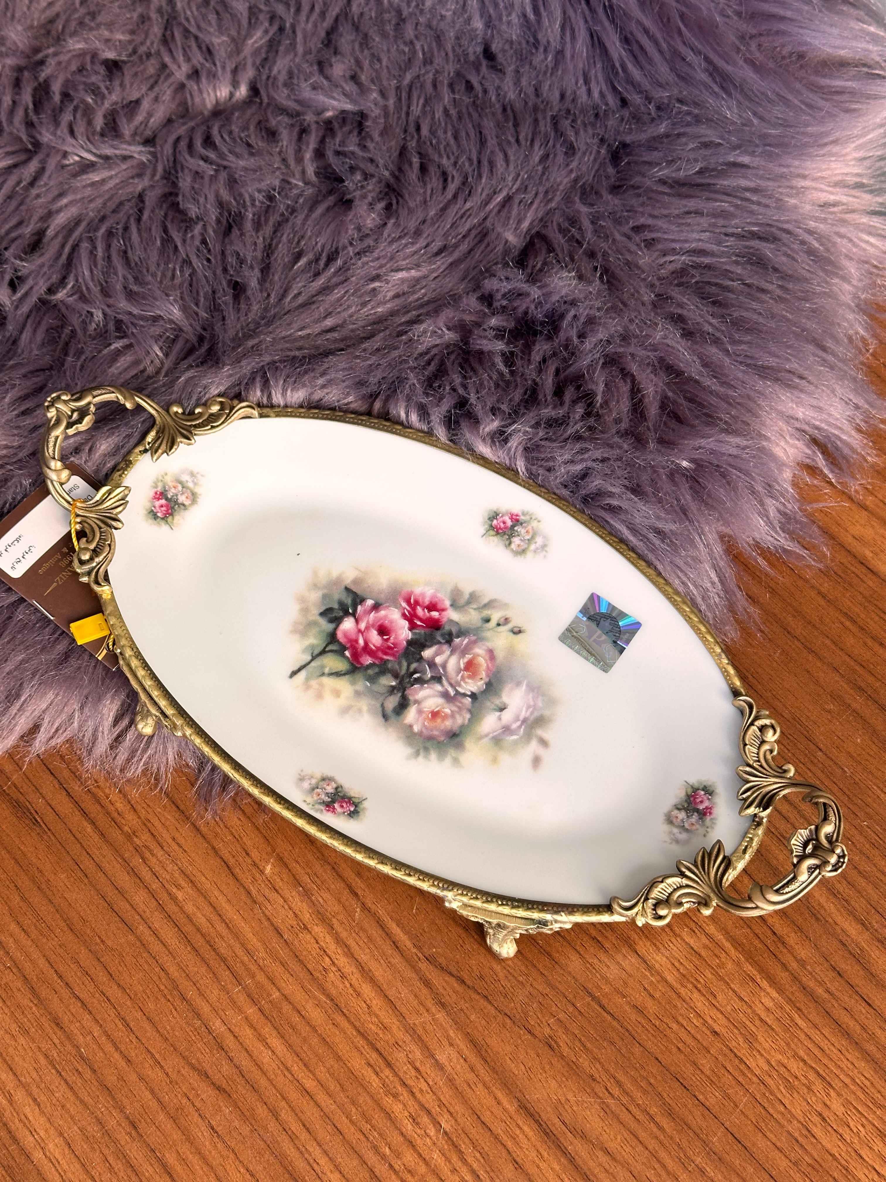 Antique Kulplu Oval Sunum Tabak 28cm