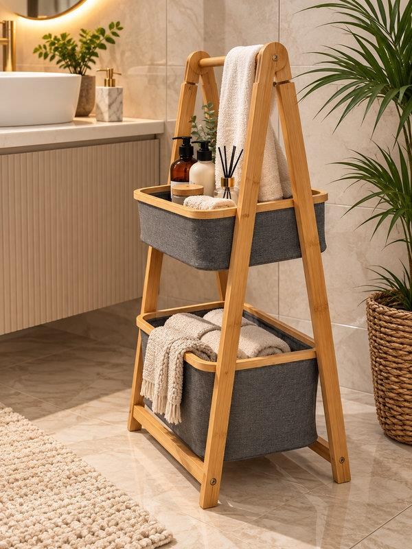 Bambu Sepetli Katlı Ahşap Oragnizer 