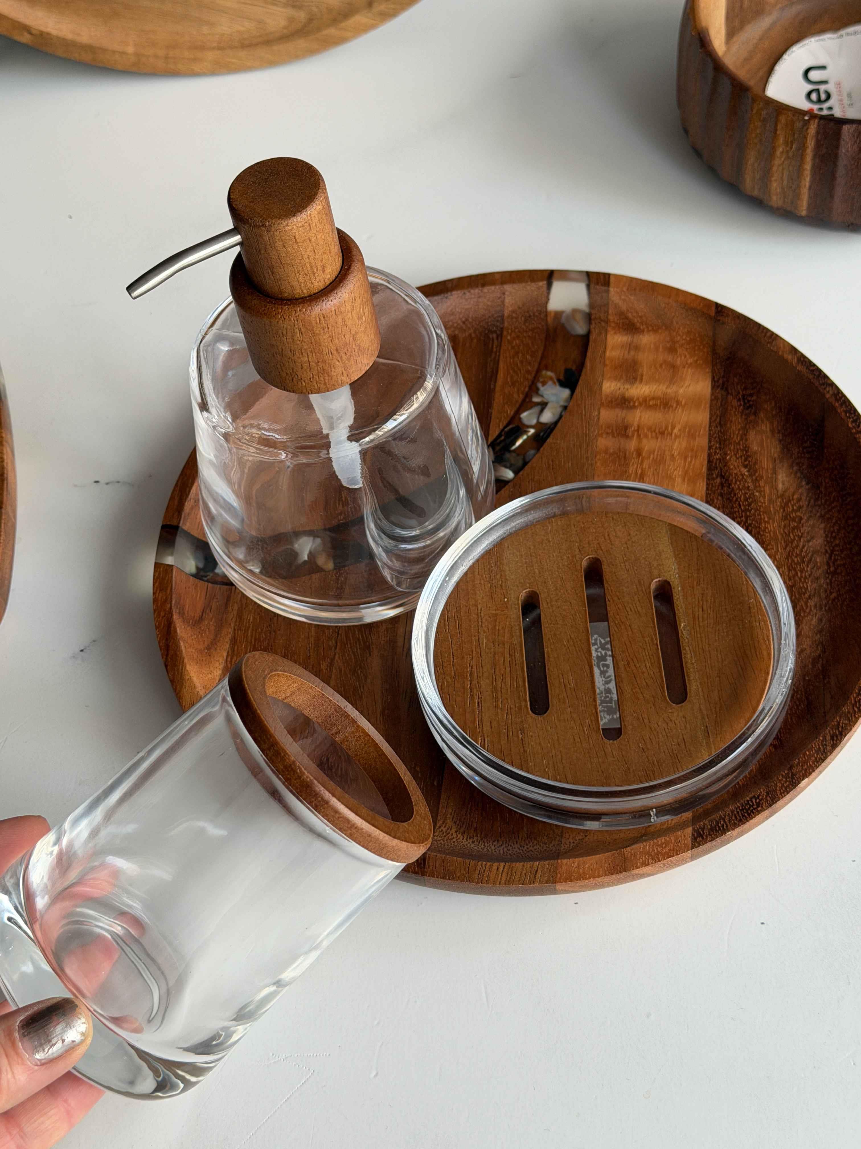 Cam Banyo Seti Naturel Ahşap  Tepsili 4 Parça