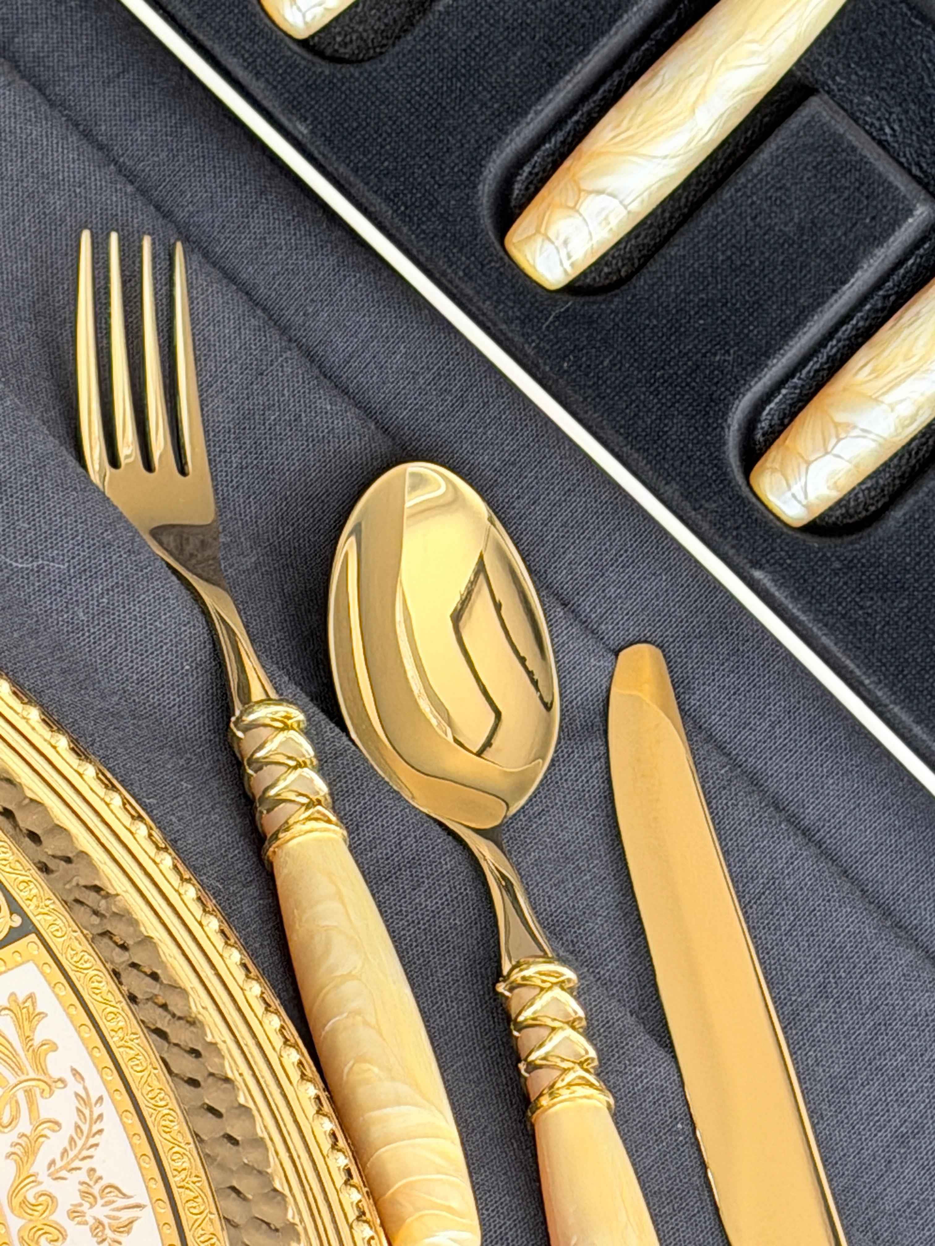 Çatal Kaşık Bıçak Takımı 30 Parça 6 Kişilik Mihri Bej Gold