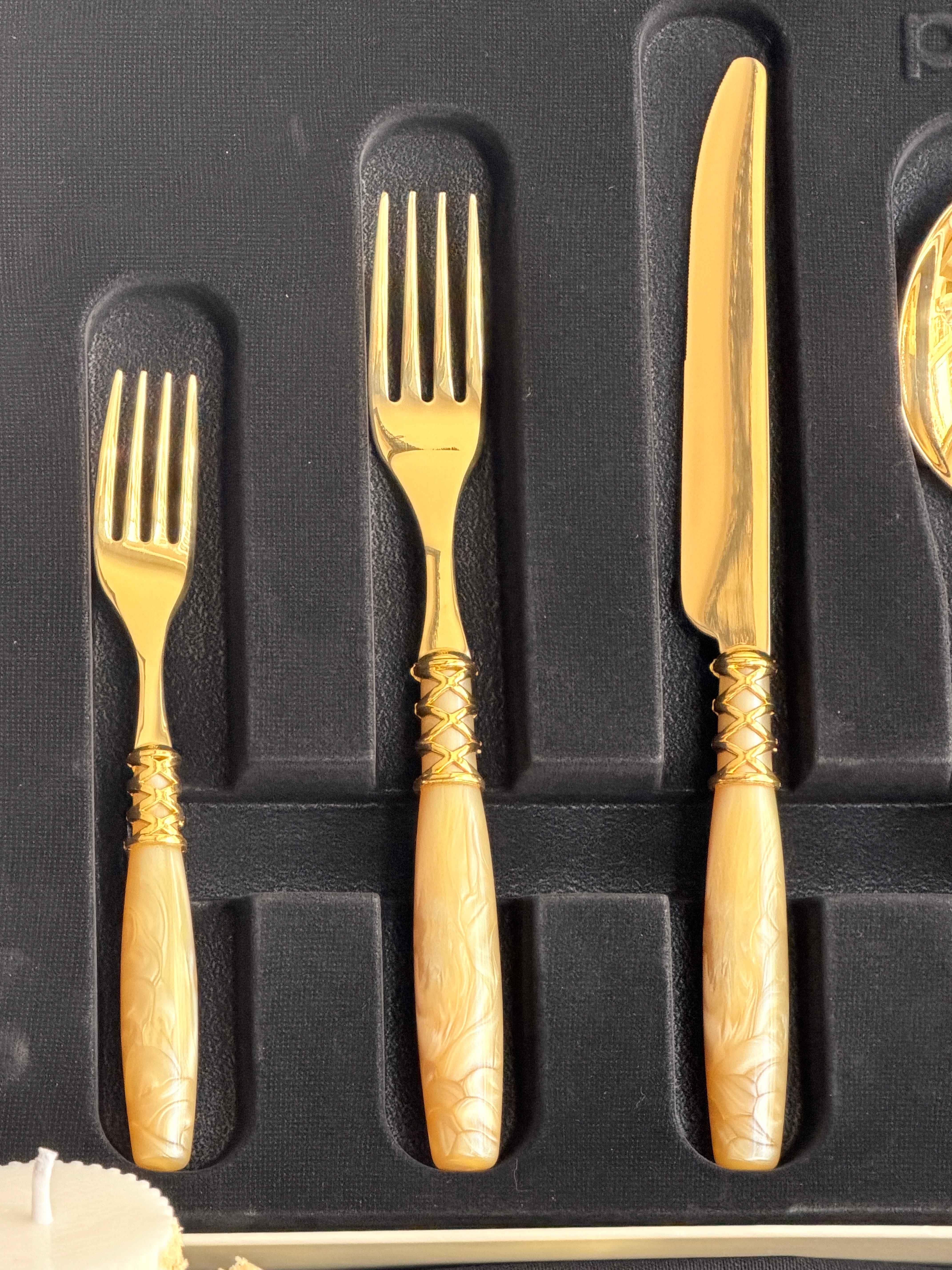 Çatal Kaşık Bıçak Takımı 30 Parça 6 Kişilik Mihri Bej Gold